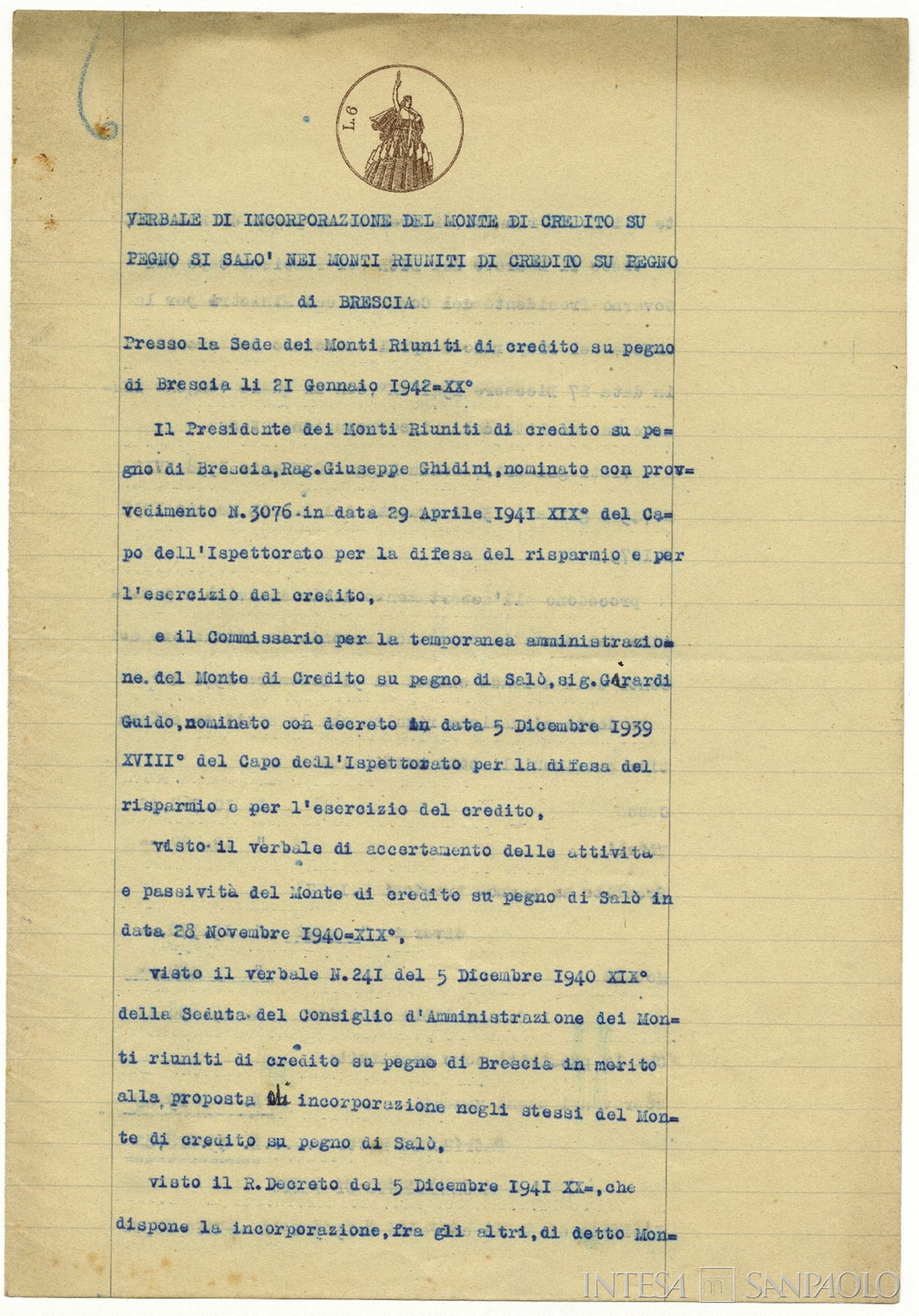 Monte di credito su pegno di Salò, verbale di incorporazione del Monte di credito su pegno di Salò nei Monti Riuniti di Credito su Pegno di Brescia, 1942