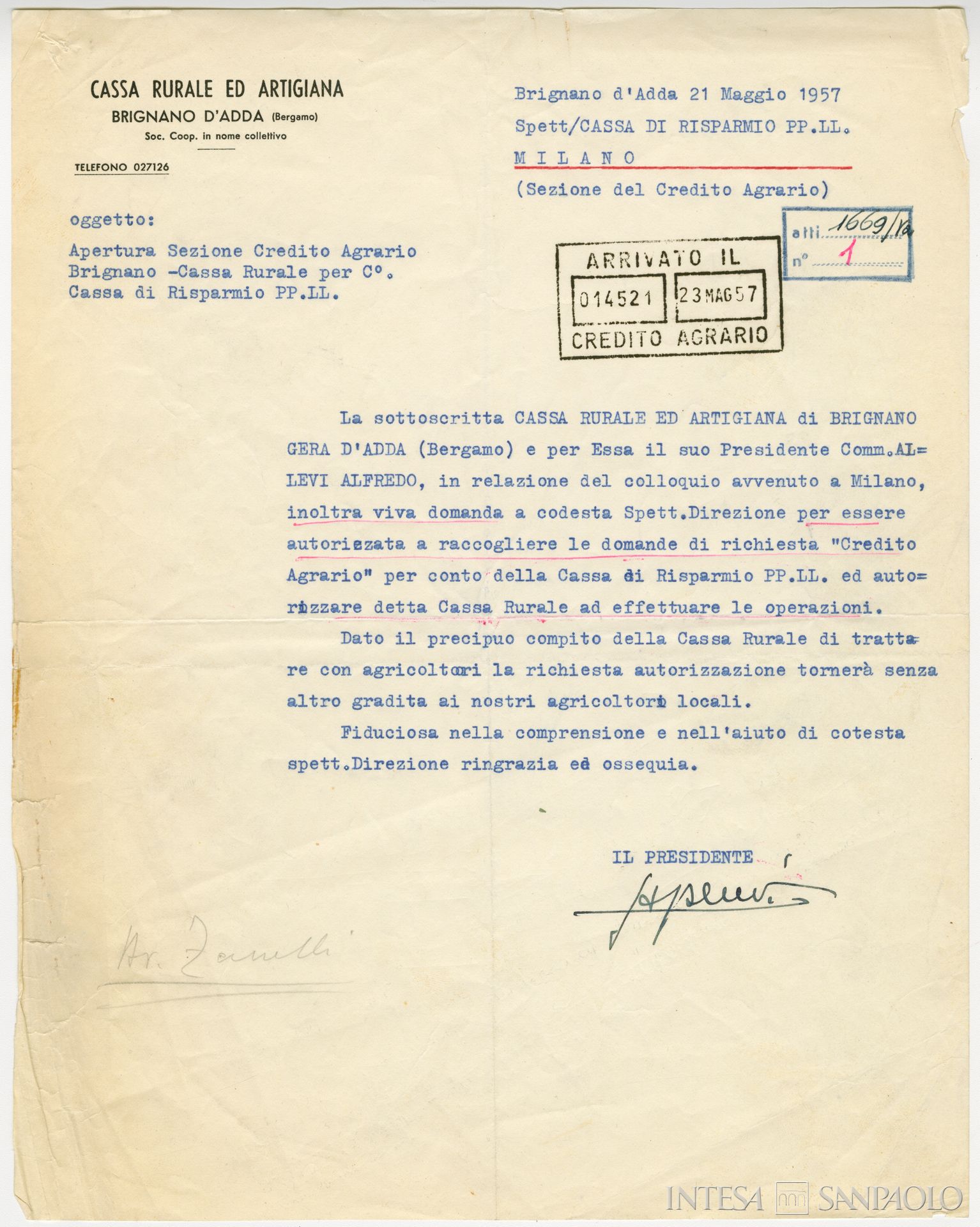 Cassa Rurale e Artigiana di Brignano Gera d'Adda, richiesta di collaborazione con Cariplo per la raccolta, l'istruttoria e l'inoltro delle domande di presti agrari, 21 maggio 1957