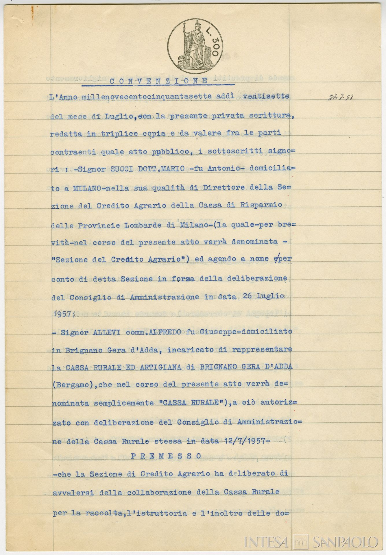 Cassa Rurale e Artigiana di Brignano Gera d'Adda, convenzione con Cariplo circa il precedente documento, 27 luglio 1957