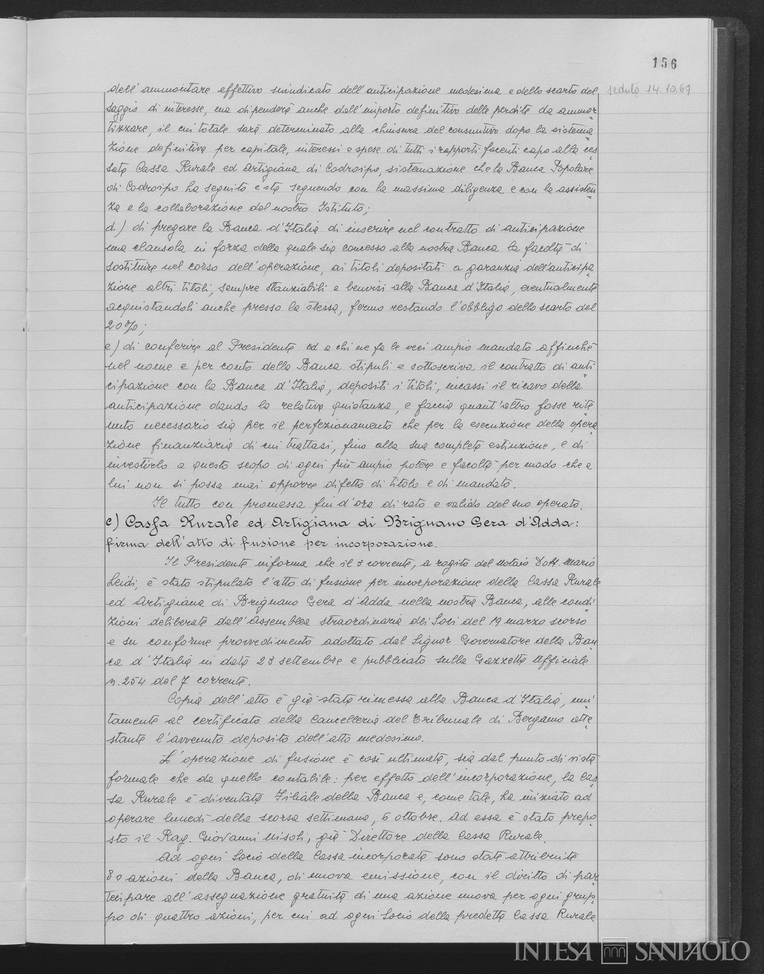 Cassa Rurale e Artigiana di Brignano Gera d'Adda, comunicazione relativa all'assorbimento nella Banca Popolare di Bergamo, 14 ottobre 1969