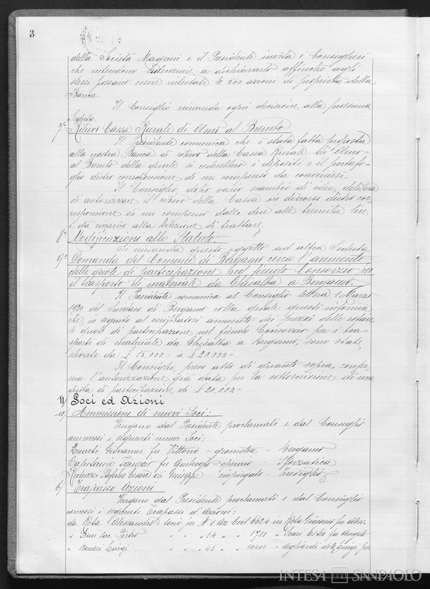 Cassa Rurale di Prestiti di Olmo al Brembo, delibera del CdA a favore dell'assorbimento nella Banca Mutua Popolare di Bergamo, 6 marzo 1920