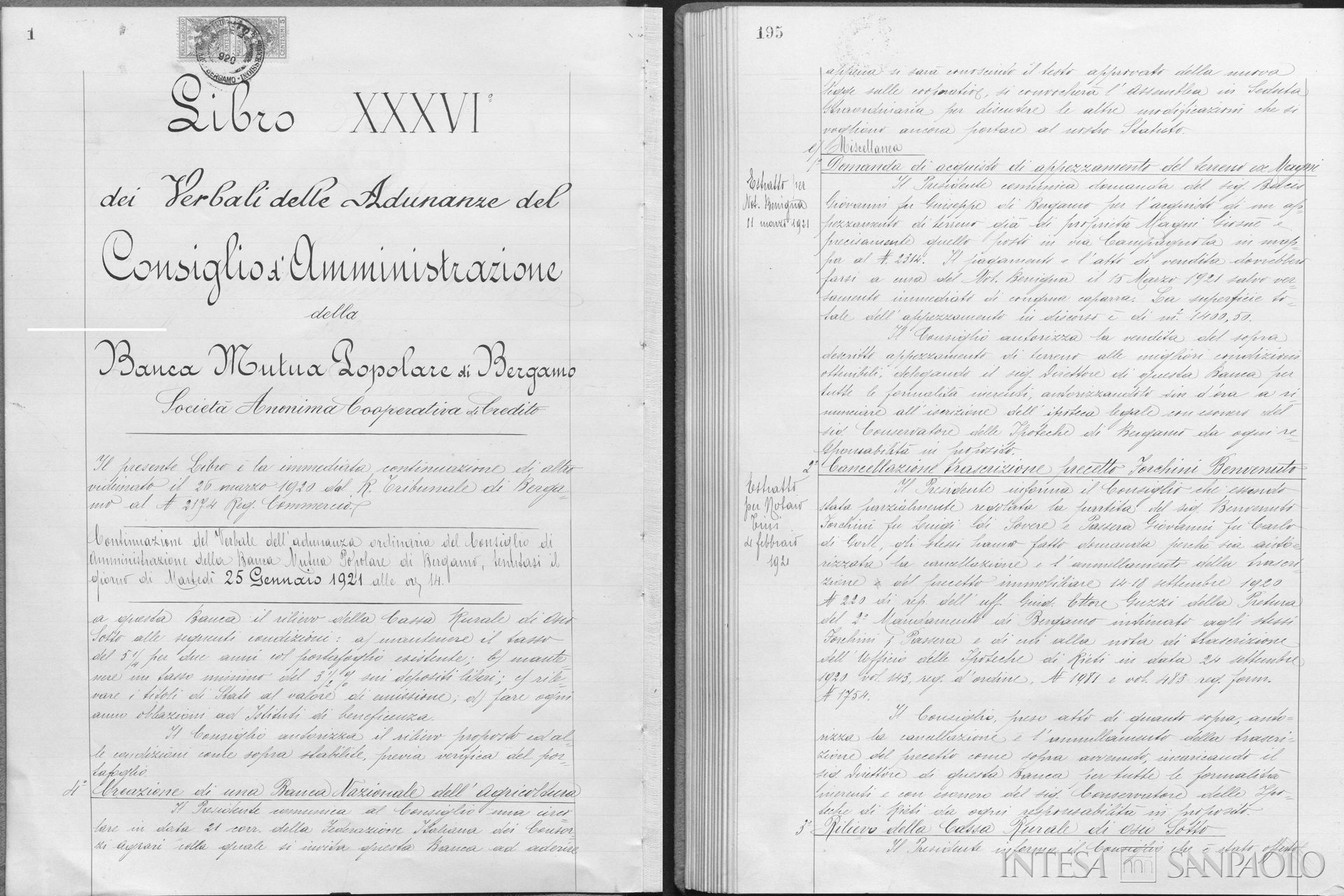Cassa Rurale di Prestiti di Osio Sotto, delibera del CdA a favore dell'assorbimento nella Banca Mutua Popolare di Bergamo, 25 gennaio 1921