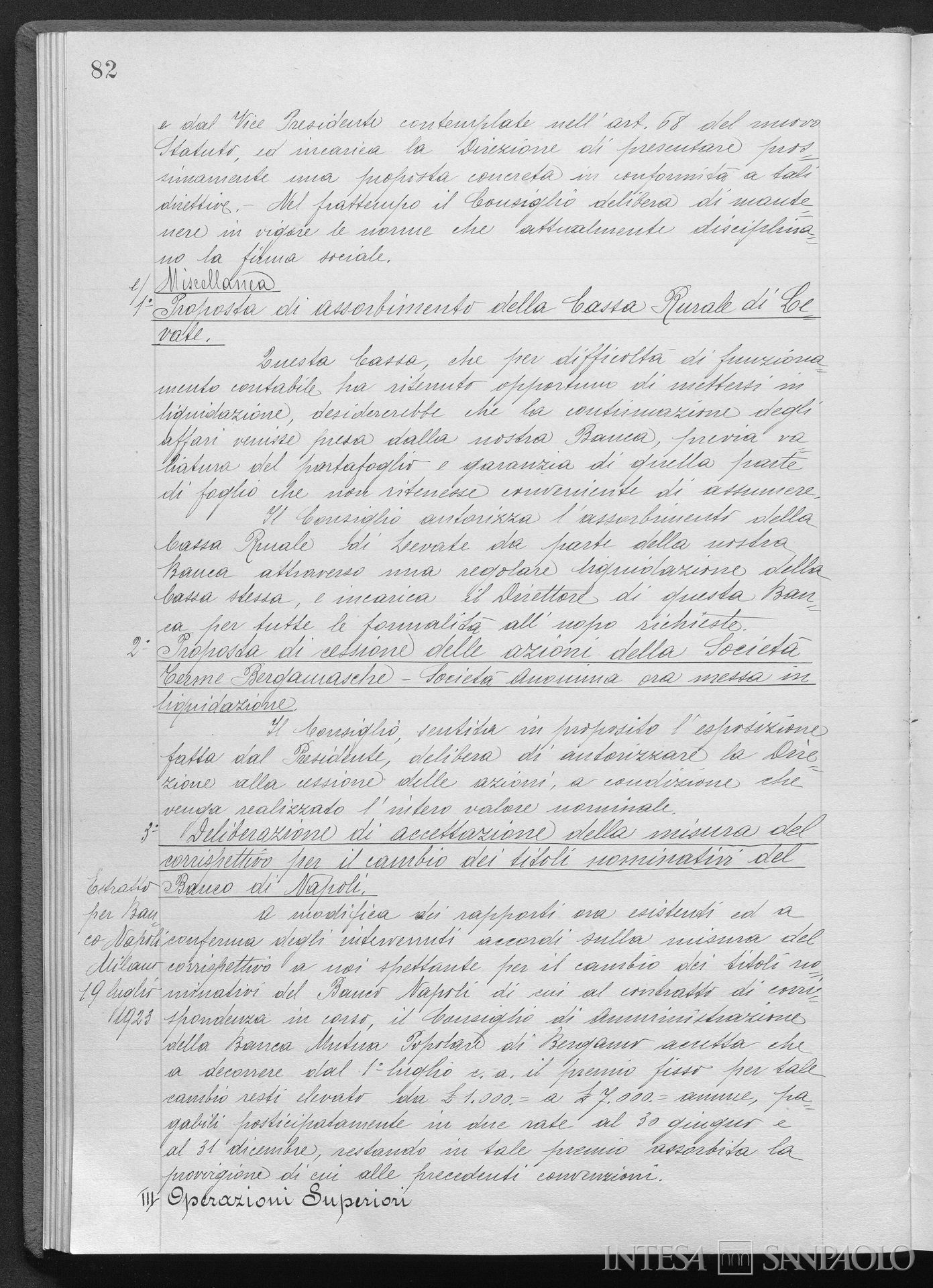 Cassa Rurale di Prestiti di Levate, delibera del CdA sull'assorbimento nella Banca Mutua Popolare di Bergamo, 13 luglio 1923