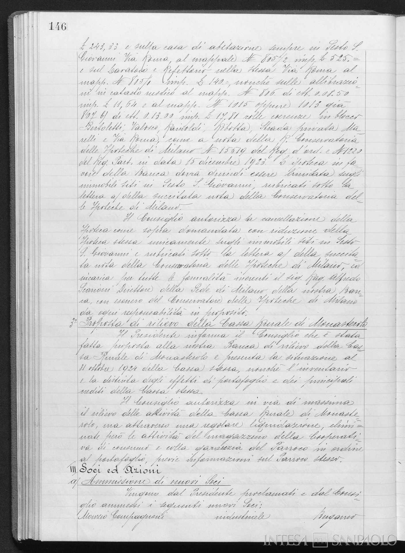 Cassa Rurale di Moasterolo del Castello, delibera del CdA a favore dell'assorbimento nella Banca Mutua Popolare di Bergamo, 17 dicembre 1924