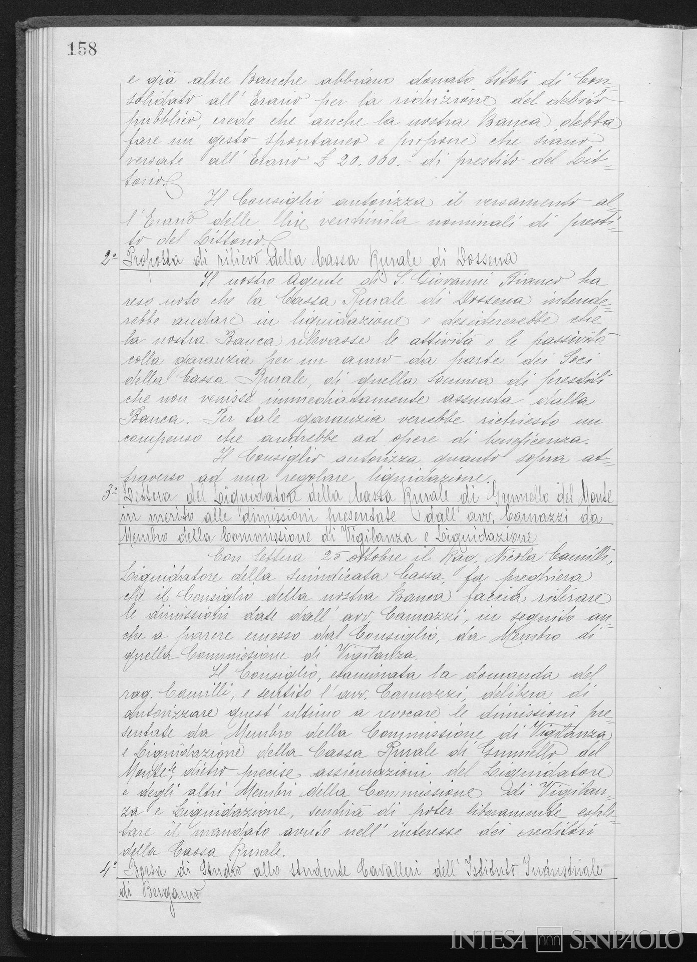 Cassa Rurale di Dossena, delibera del CdA a favore dell'assorbimento nella Banca Mutua Popolare di Bergamo, 31 ottobre 1928