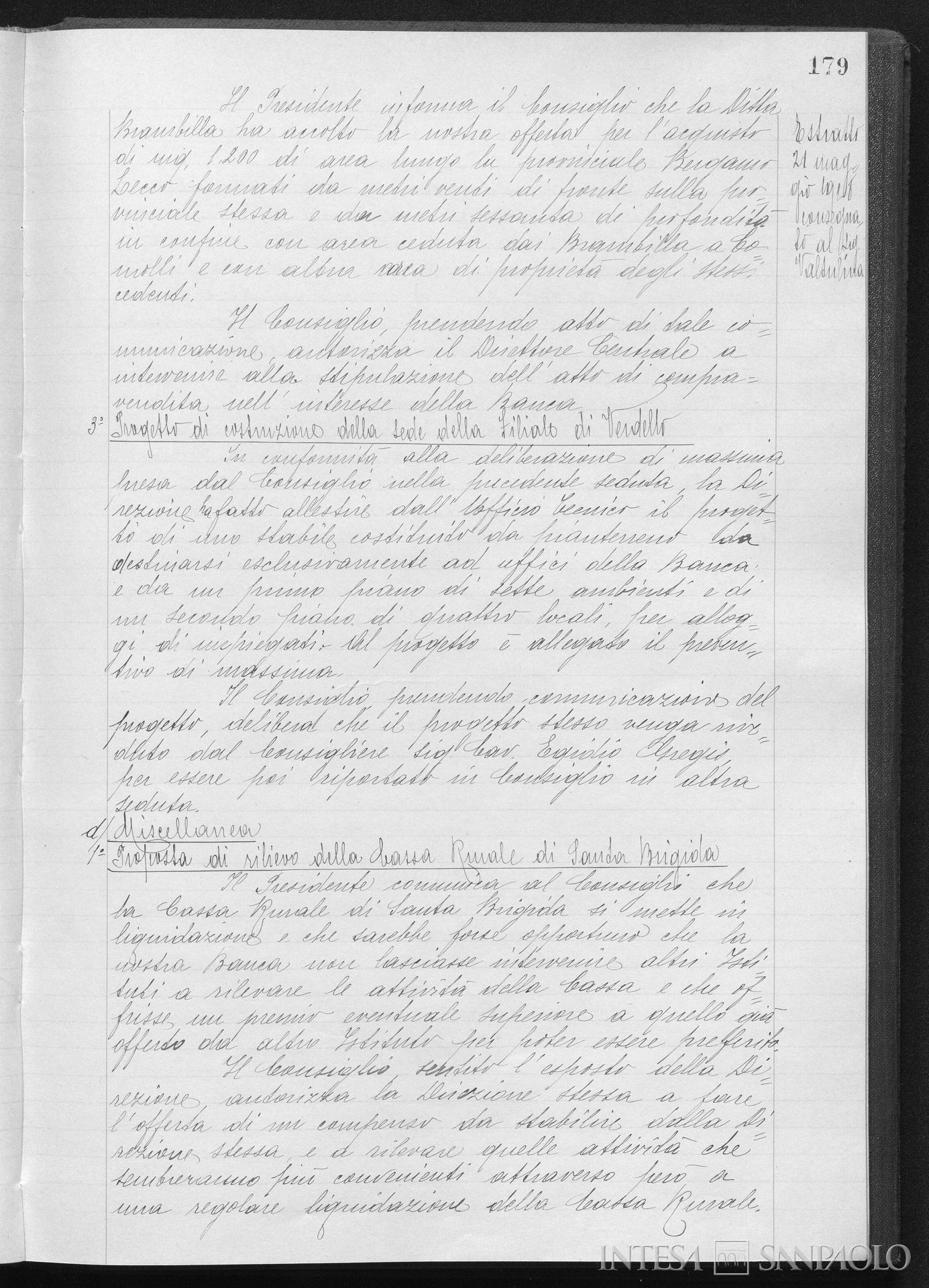 Cassa Rurale di Prestiti di Santa Brigida, delibera del CdA a favore dell'Assorbimento nella Banca Mutua Popolare di Bergamo, 29 febbraio 1928