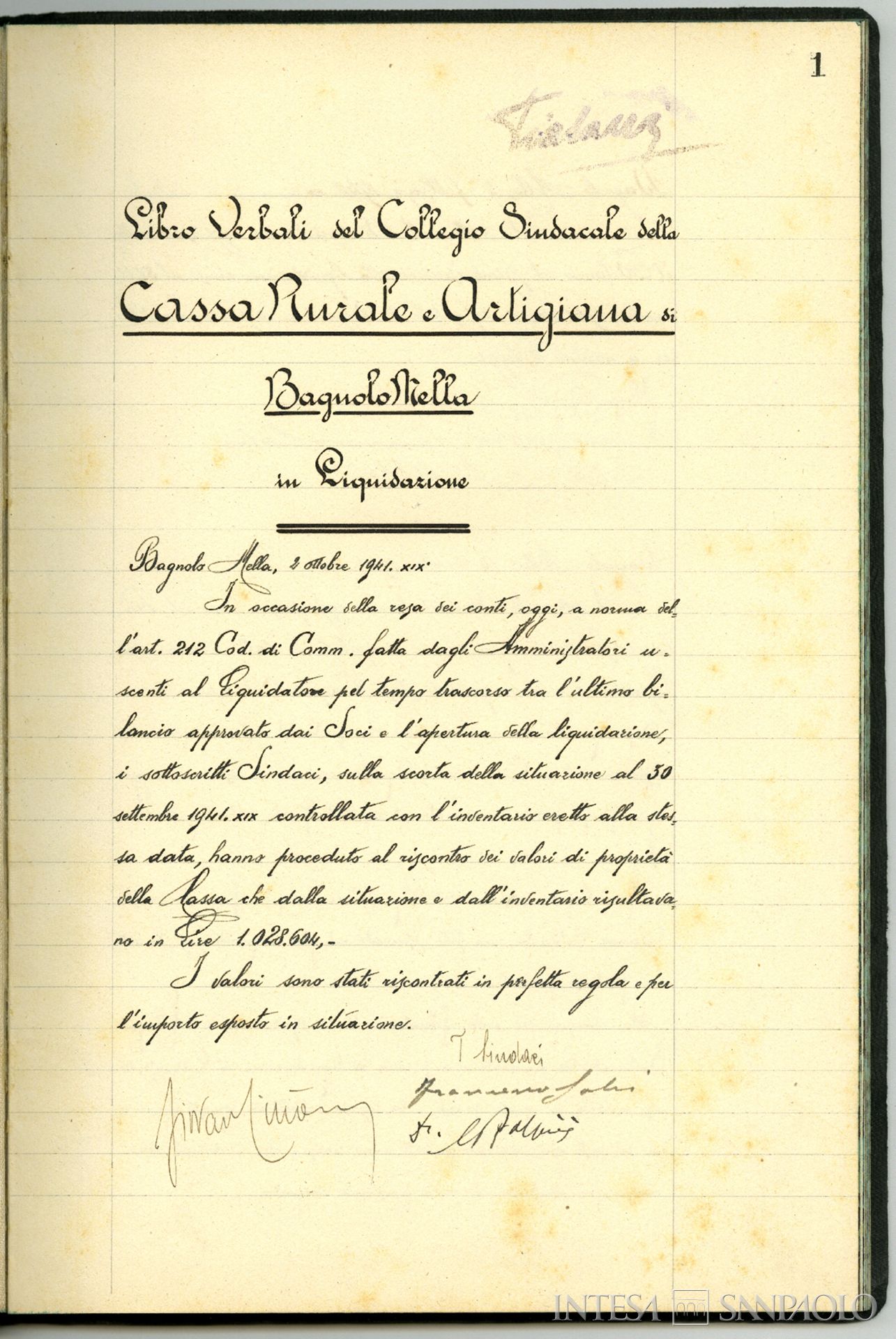 Cassa Rurale e Artigiana di Bagnolo Mella, prima pagina del libro verbali, seduta del 2 ottobre 1941