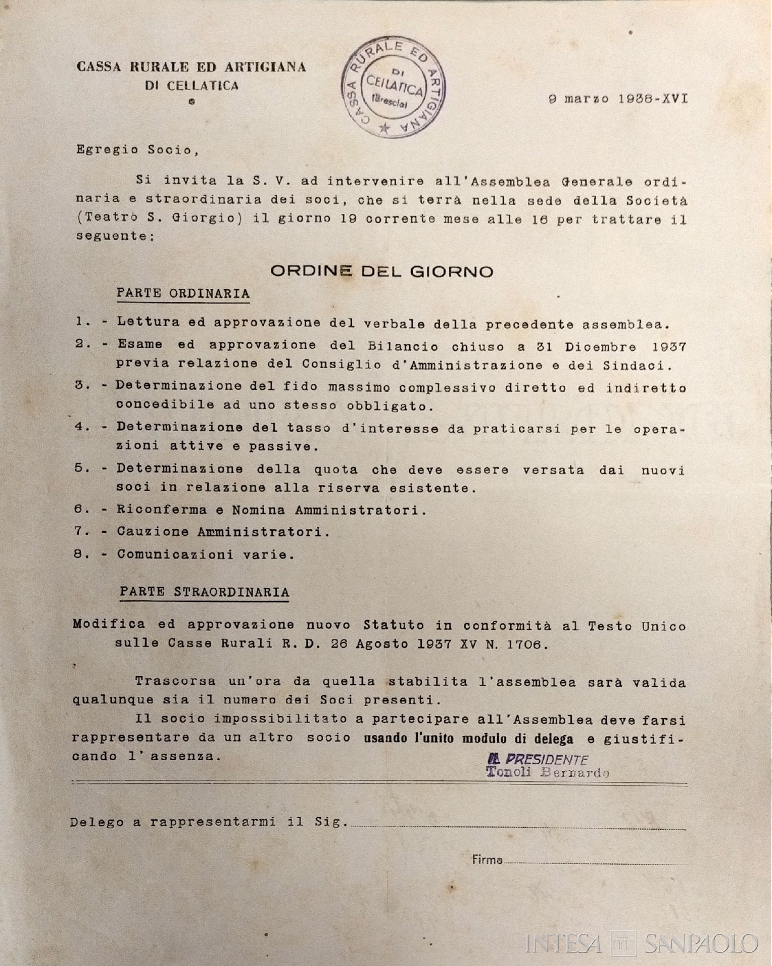Cassa Rurale e Artigiana di Cellatica, OdG dell'Assemblea Generale del 19 marzo 1938