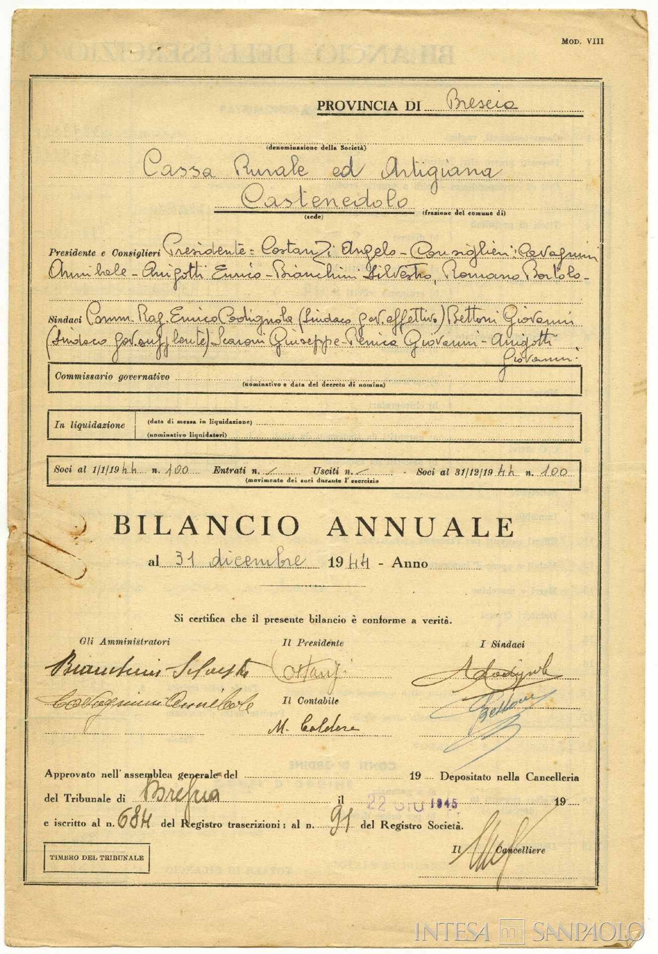 Cassa Rurale e Artigiana di Castenedolo, bilancio annuale, 1944