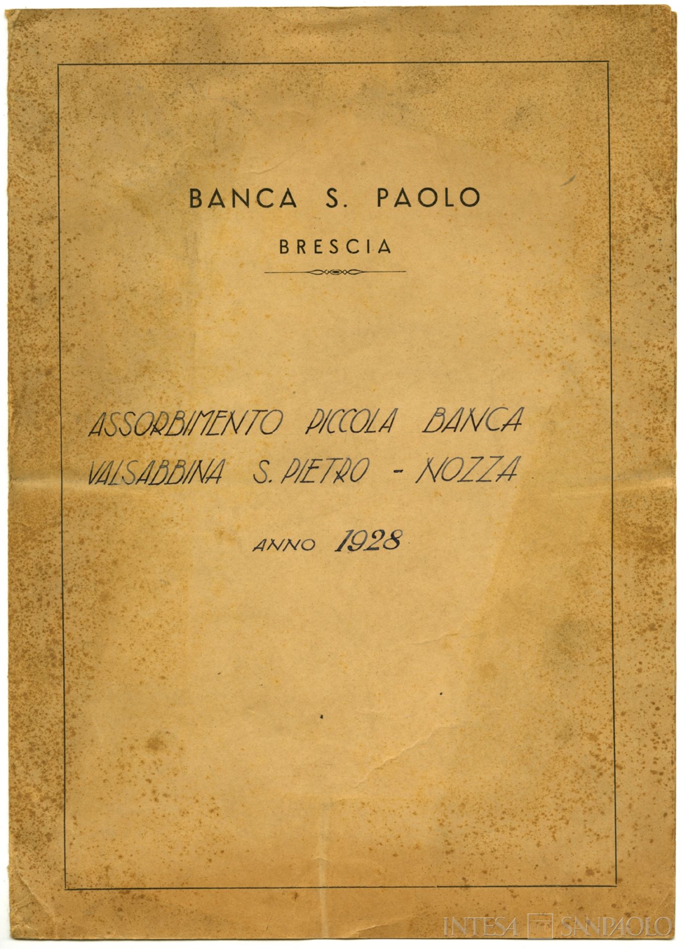 Piccola Banca Valsabbina S.Pietro, copertina del fascicolo sull'assorbimento della banca, 1928