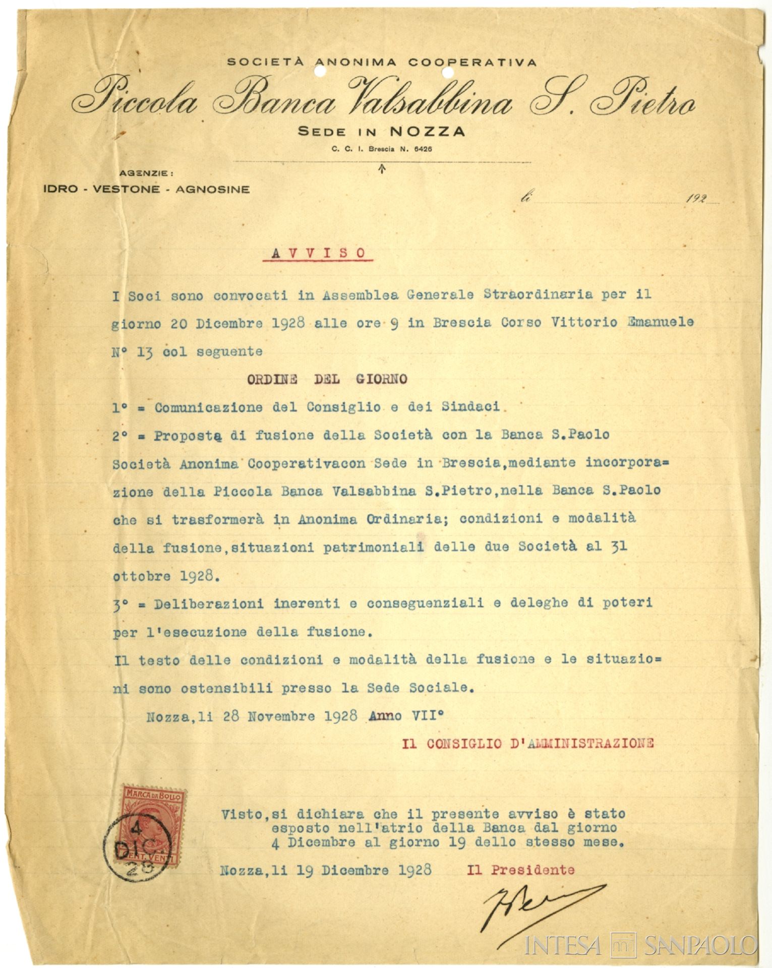 Piccola Banca Valsabbina S.Pietro, Convocazione all'assemblea Generale Straordinaria, 1928