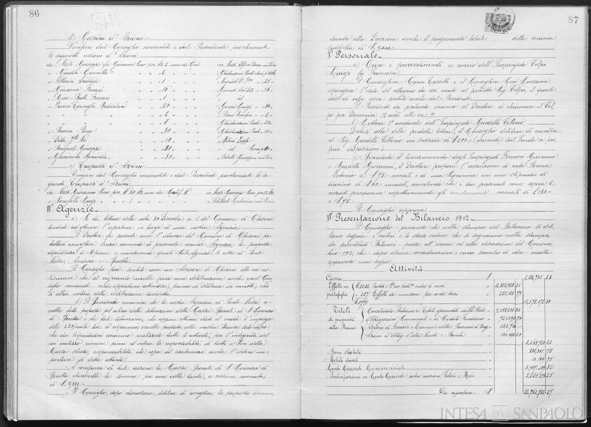 Cassa Rurale di San Lorenzo di Rovetta, delibera del CdA della Banca Mutua Popolare di Bergamo a favore dell'assorbimento della Cassa Rurale di S. Lorenzo di Rovetta, 9 gennaio 1913