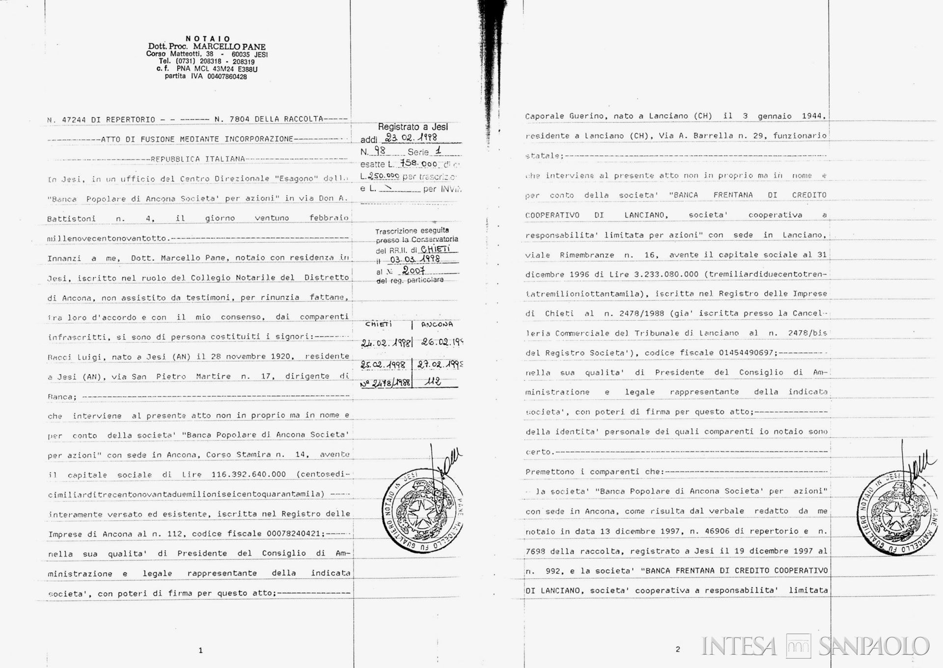 Banca Frentana di Credito Cooperativo di Lanciano, Atto di fusione mediante incorporazione dell'istituto nella Banca Popolare di Ancona S.p.A., 21 febbraio 1998