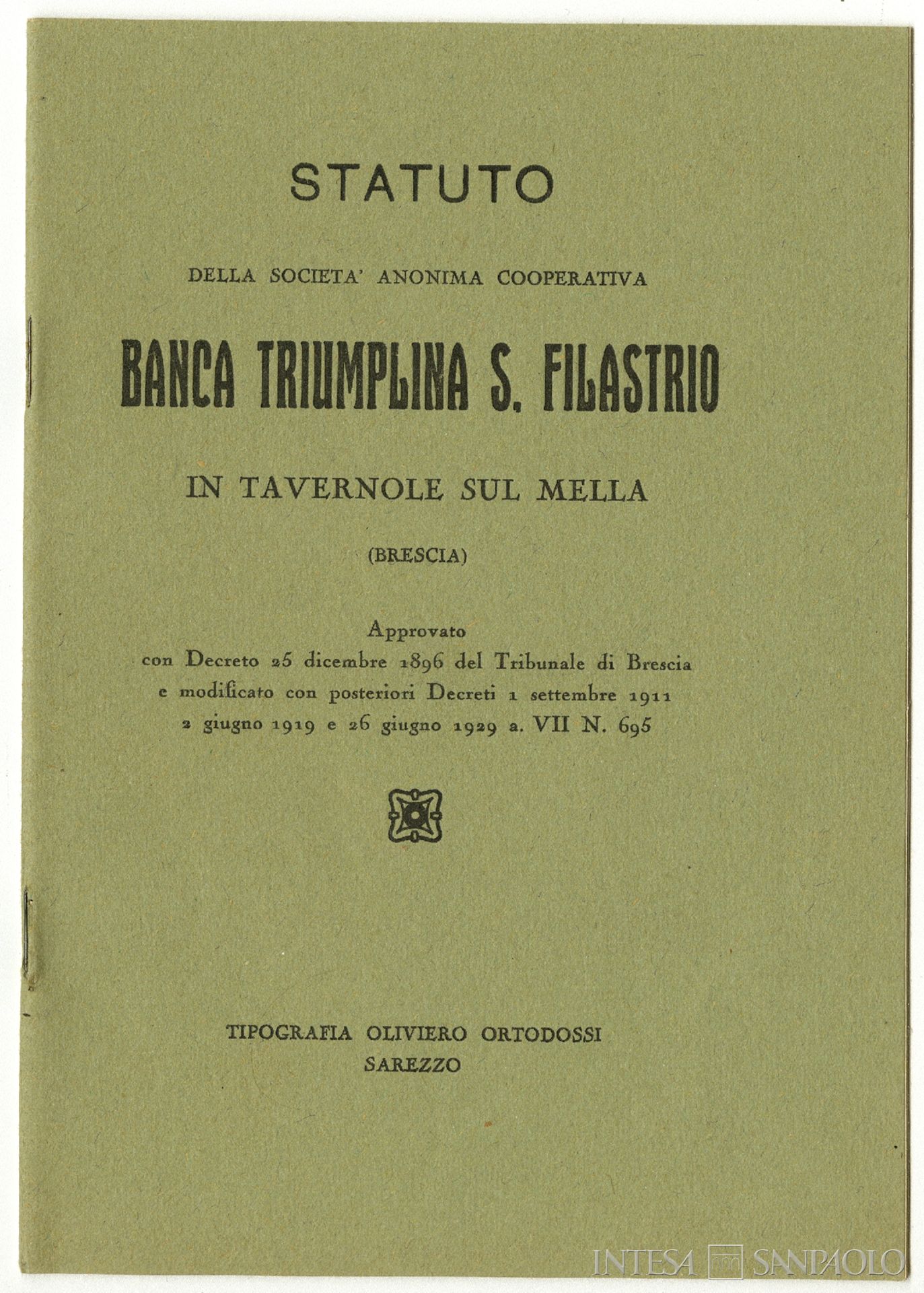 Banca Triumplina S. Filastro, statuto, 1929