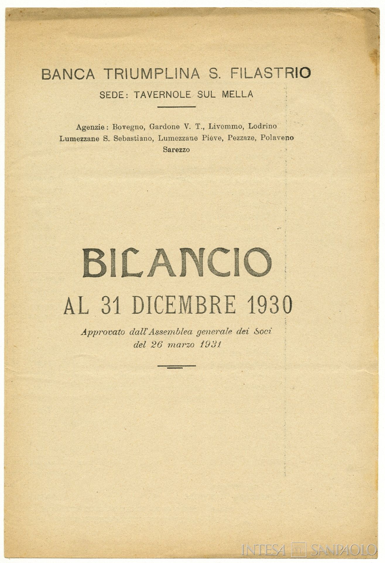 Banca Triumplina S. Filastro, bilancio al 30 dicembre 1930