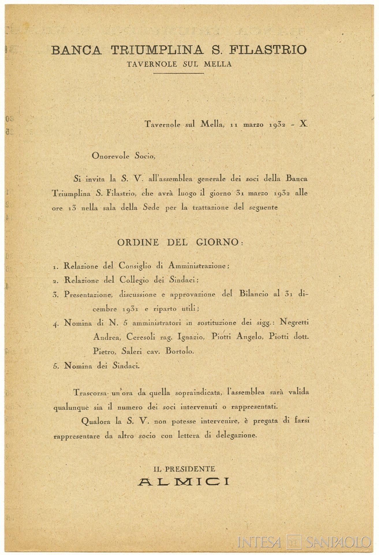 Banca Triumplina S. Filastro, odg consiglio di amministrazione del 31 marzo 1932
