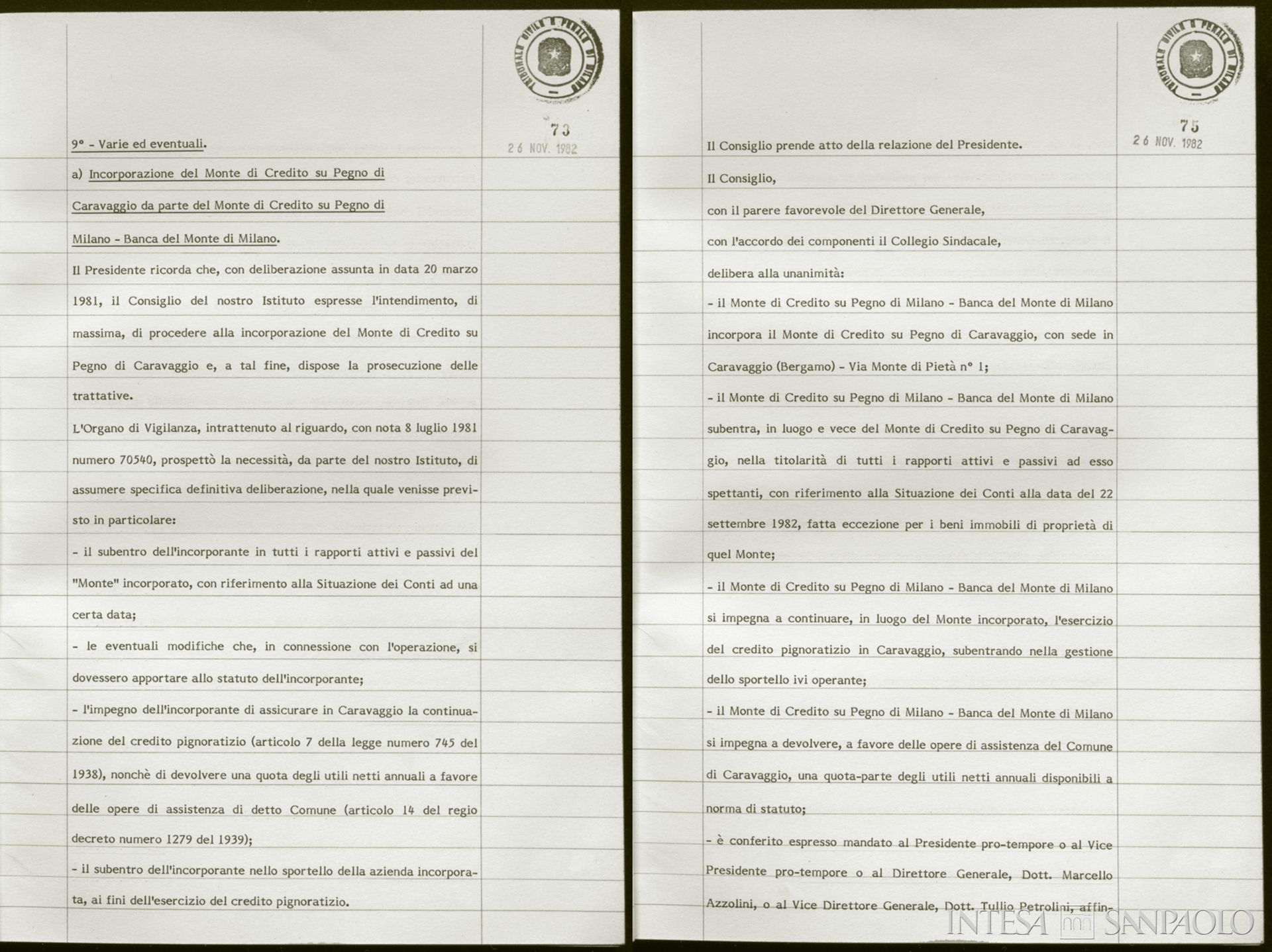 Monte di Credito su Pegno di Caravaggio, delibera del CdA del 26 novembre 1982 sull'incorporazione nel Monte di Credito su Pegno di Milano, da Verbali, reg. 98, f. 73