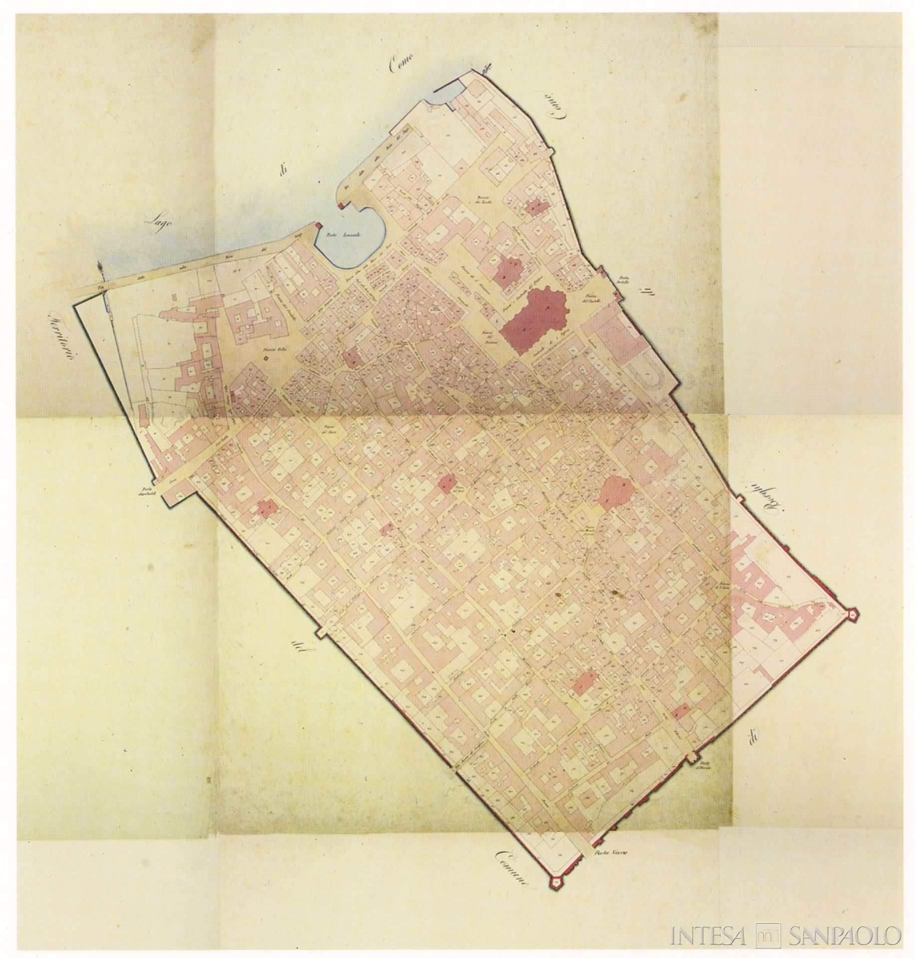 Monte di Credito su Pegno di Como, mappa del Comune Censuario della Città di Como, rilevamento del 1858, tratta da Como e il suo territorio (Cariplo, Milano, 1995), p. 477