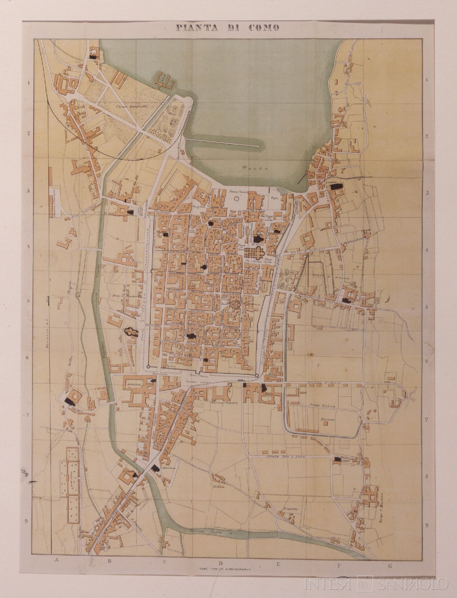 Monte di Credito su Pegno di Como, pianta della città realizzata dalla litografia Freiburger, Como, 1884, fotografia Nado