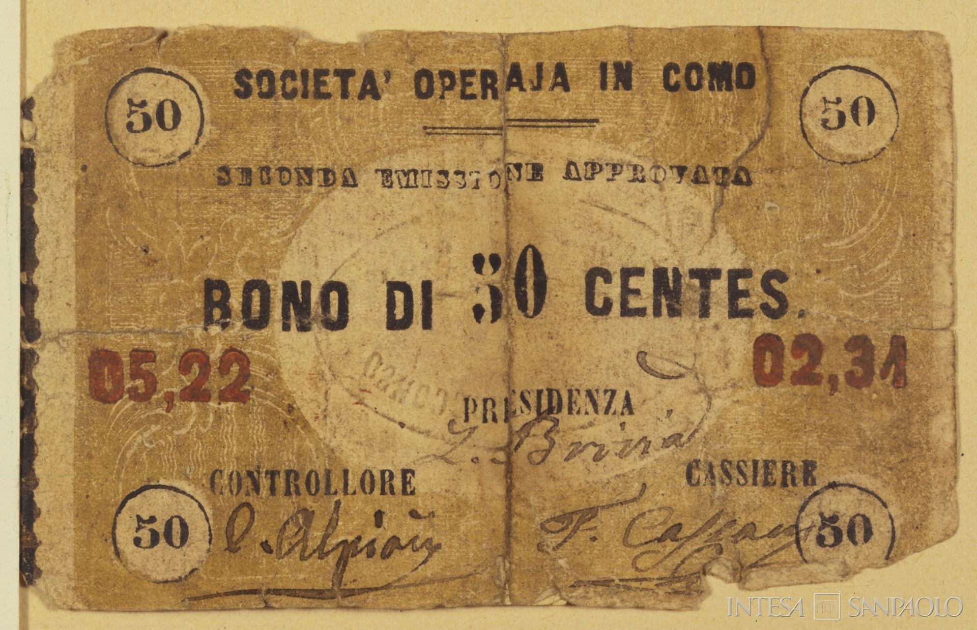 Monte di Credito su Pegno di Como, carta moneta, XIX secolo