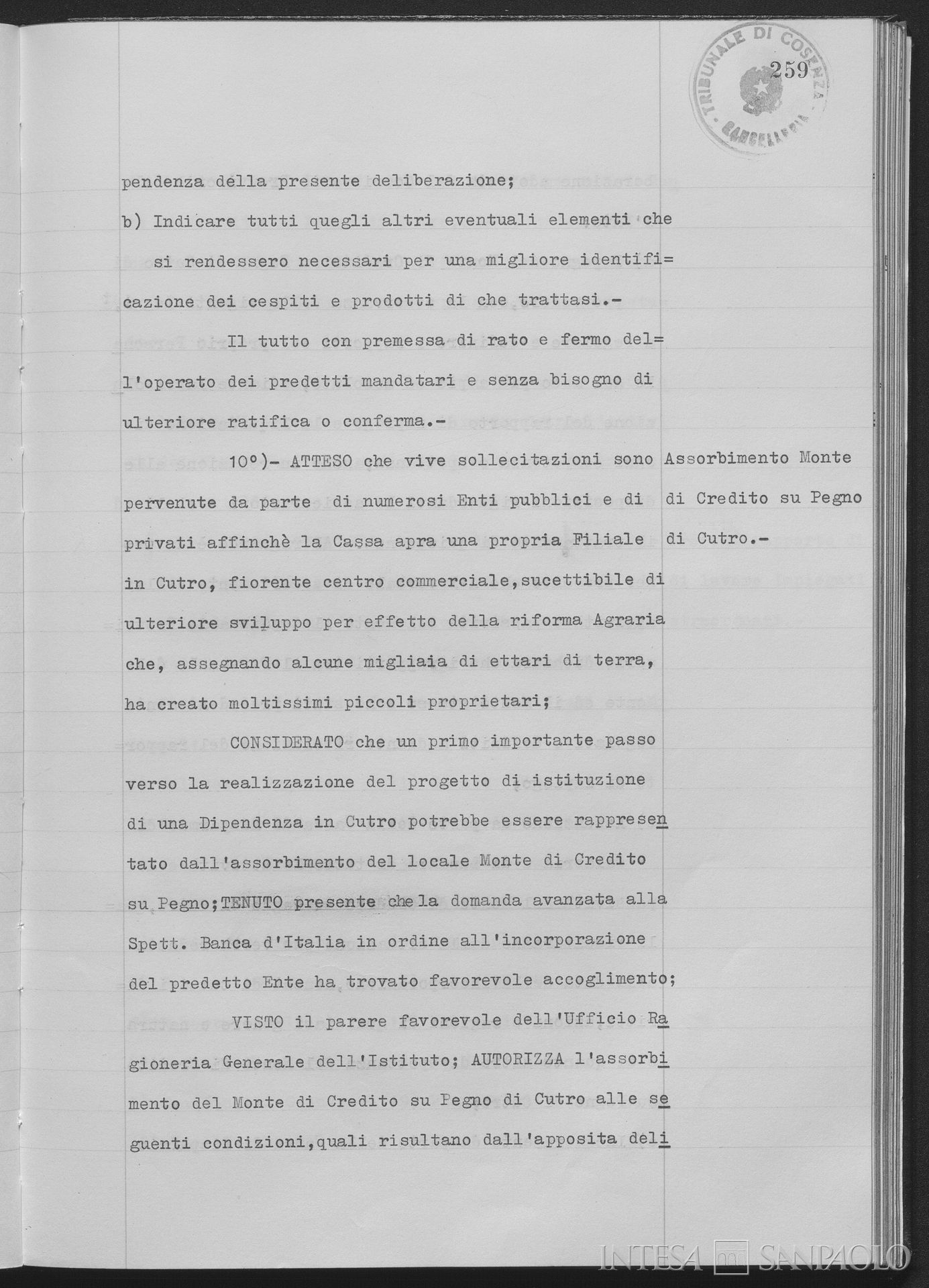 -Monte di Credito su Pegno di Cutro, delibera del CdA a proposito dell'assorbimento nella Cassa di Risparmio di Calabria e di Lucania, 29 ottobre 1961