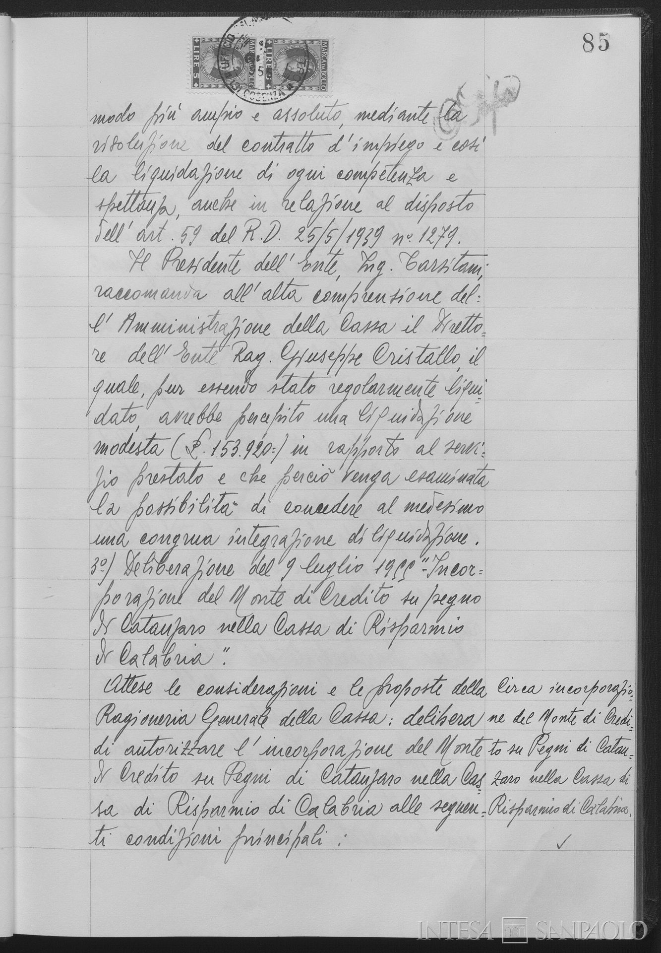 Monte di Credito su Pegno di Catanzaro, delibera relativa all'assorbimento nella Cassa di Risparmio di Calabria e di Lucania, 8 maggio 1955