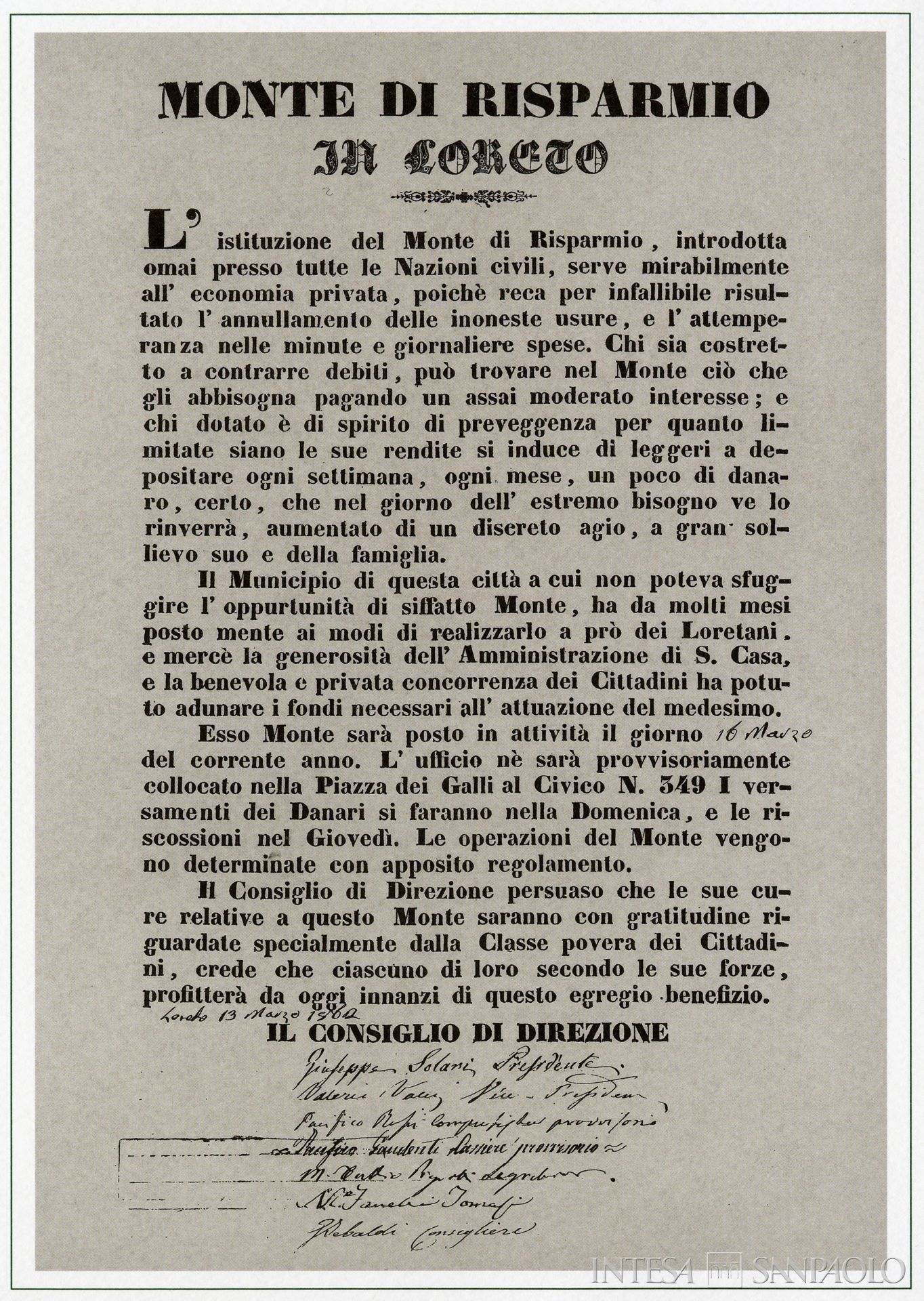 Cassa di Risparmio di Loreto, comunicazione dell'apertura degli sportelli del Monte di Risparmio (poi Cassa di Risparmio di Loreto) del 13 marzo 1862
