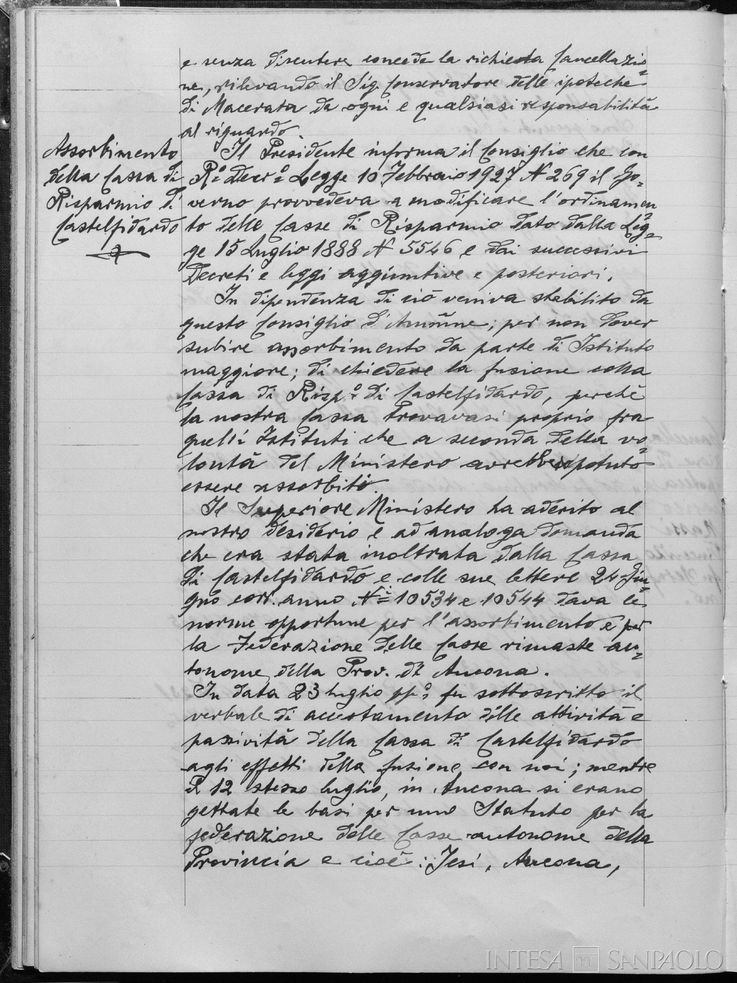 Cassa di Risparmio di Castelfidardo, comunicazione del decreto legge sull'assorbimento dell'istituto nel Consiglio di Amministrazione della Cassa di Risparmio di Loreto del  27 settembre 1927