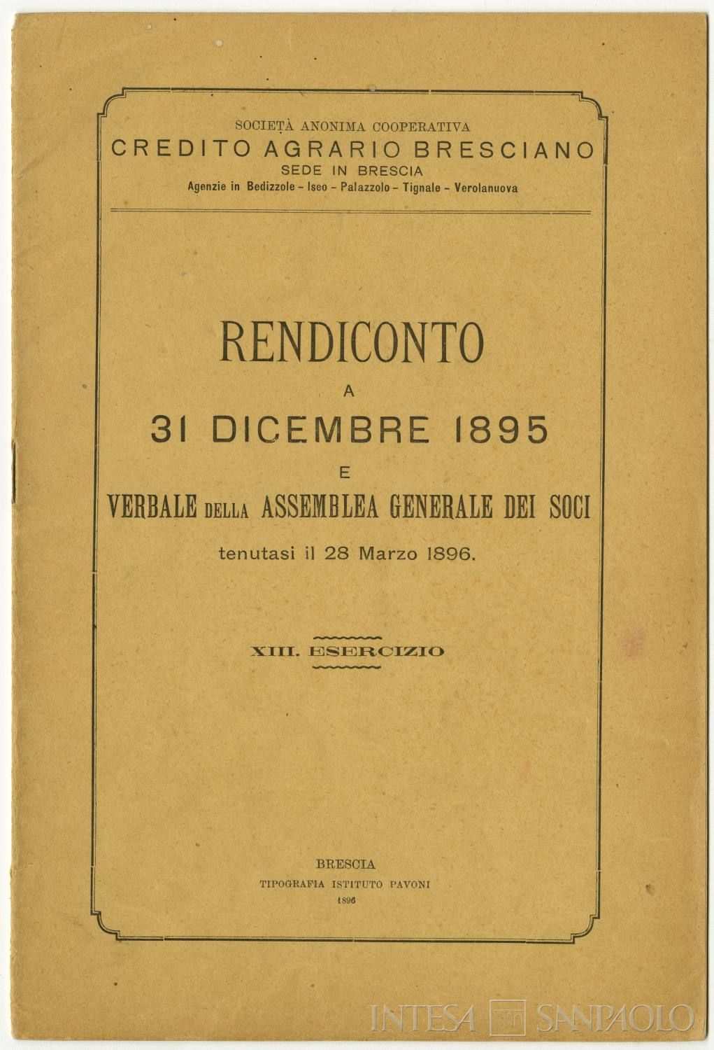 Credito Agrario Bresciano, rendiconto a dicembre 1895 e verbale dell'assemblea generale dei soci del 28 marzo 1896