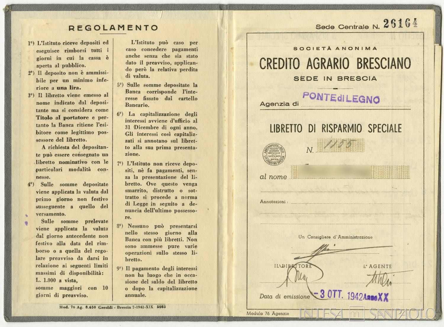 Credito Agrario Bresciano, libretto di risparmio speciale del 1942