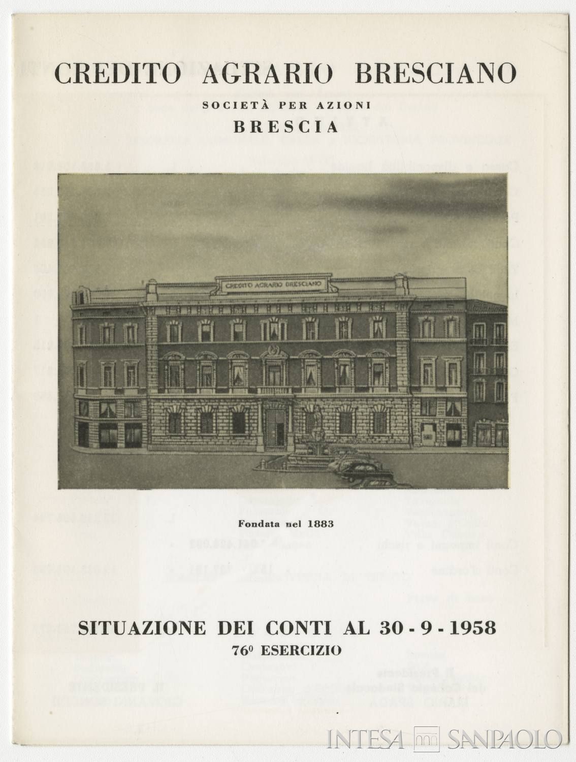 Credito Agrario Bresciano, situazione dei conti al 30 settembre 1958, 76° esercizio