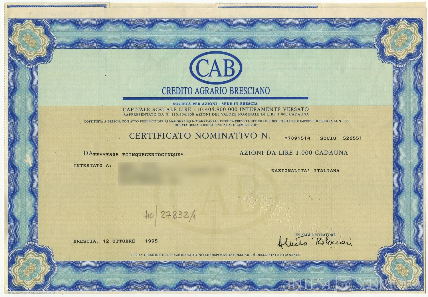 Credito Agrario Bresciano, certificato di titolo nominativo del 1995