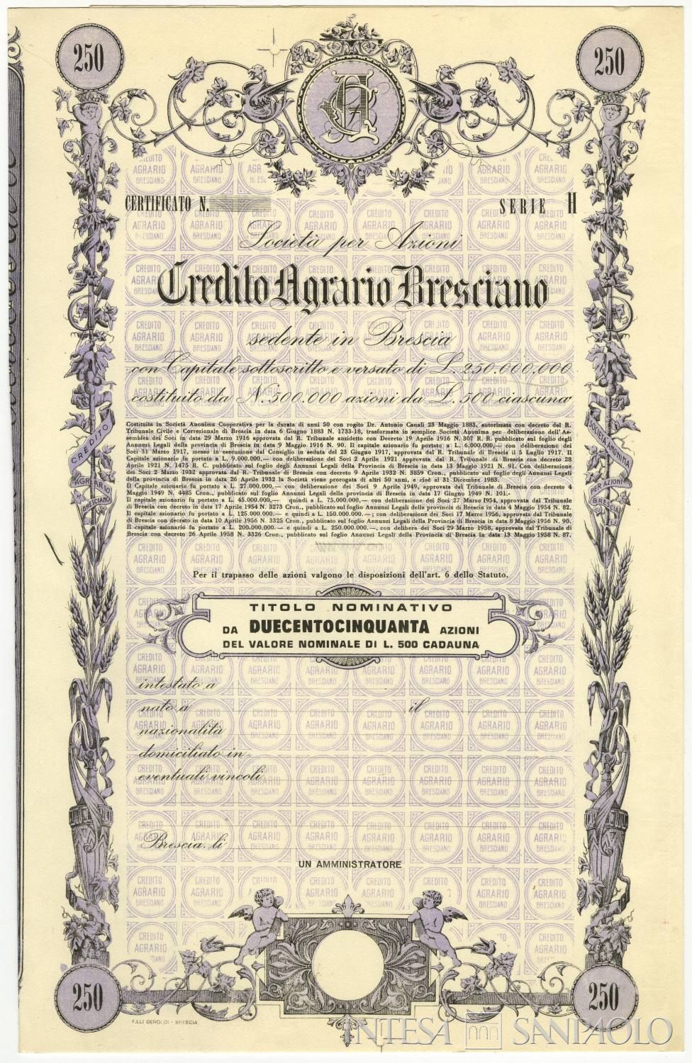 Credito Agrario Bresciano, certificato azionario, [1958]