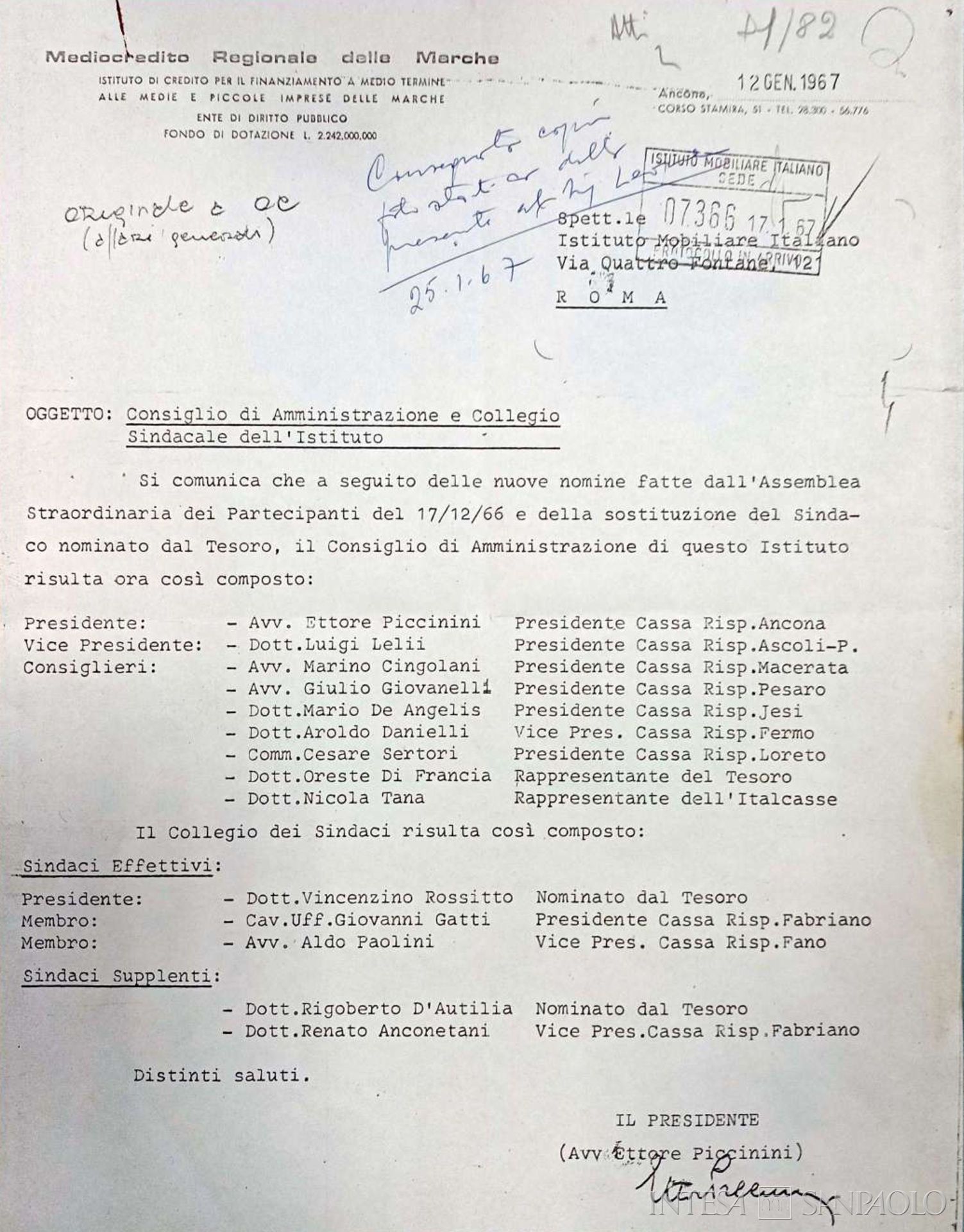 Istituto di Credito per il Finanziamento a Medio Termine alle Medie e Piccole Imprese delle Marche - Mediocredito delle Marche, Comunicazione sulla nomina dei membri del Consiglio di amministrazione e del Collego sindacale, 12 gennaio 1967.