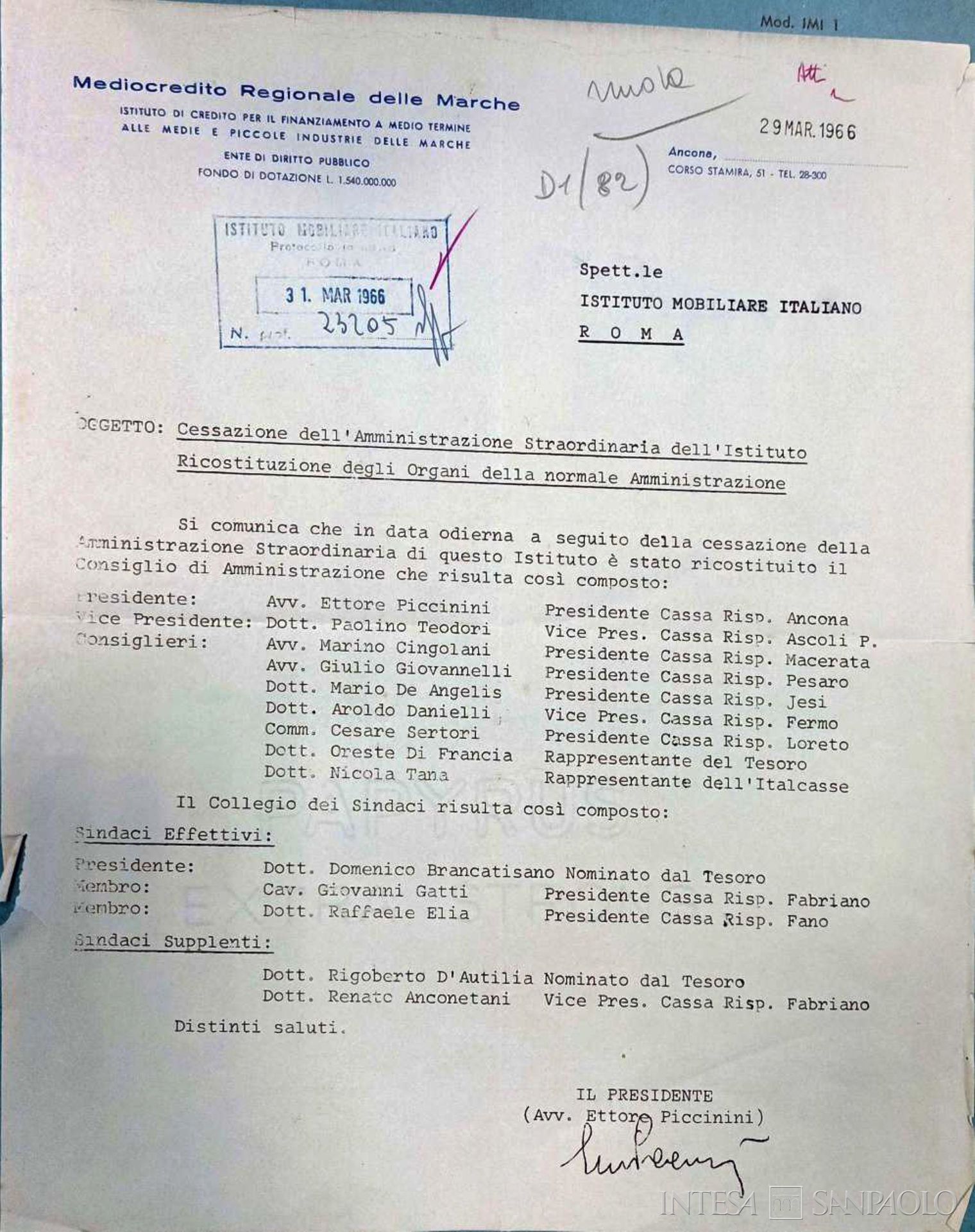 Istituto di Credito per il Finanziamento a Medio Termine alle Medie e Piccole Imprese delle Marche - Mediocredito delle Marche, Comunicazione della cessazione dell'amministrazione straordinaria e della ricostituzione degli organi della normale amministrazione, 29 marzo 1966.
