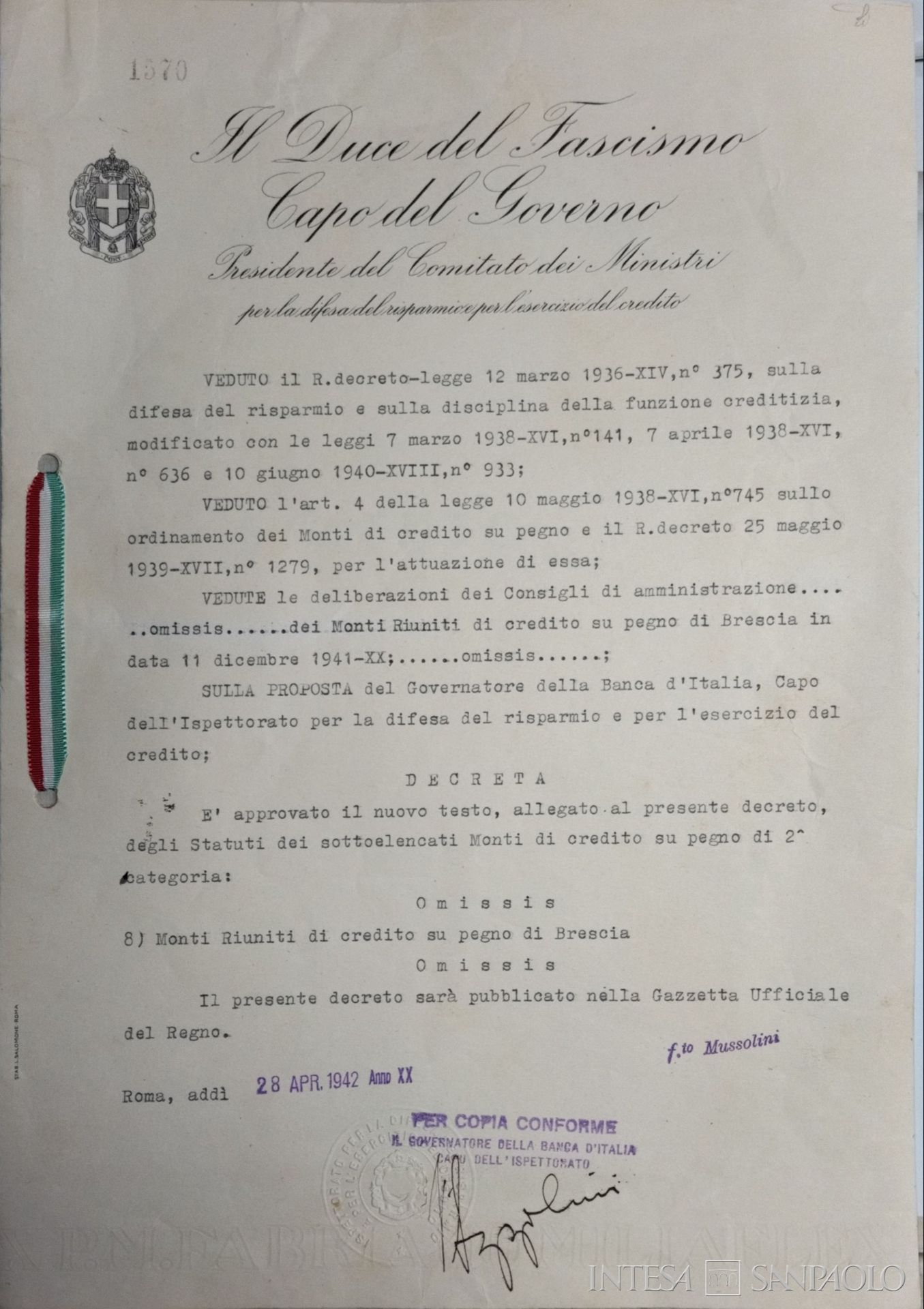 Monti Riuniti di Credito su Pegno di Brescia, decreto del Duce a favore dell'incorporazione di diversi Monti di Credito su Pegno locali, 27 dicembre 1941