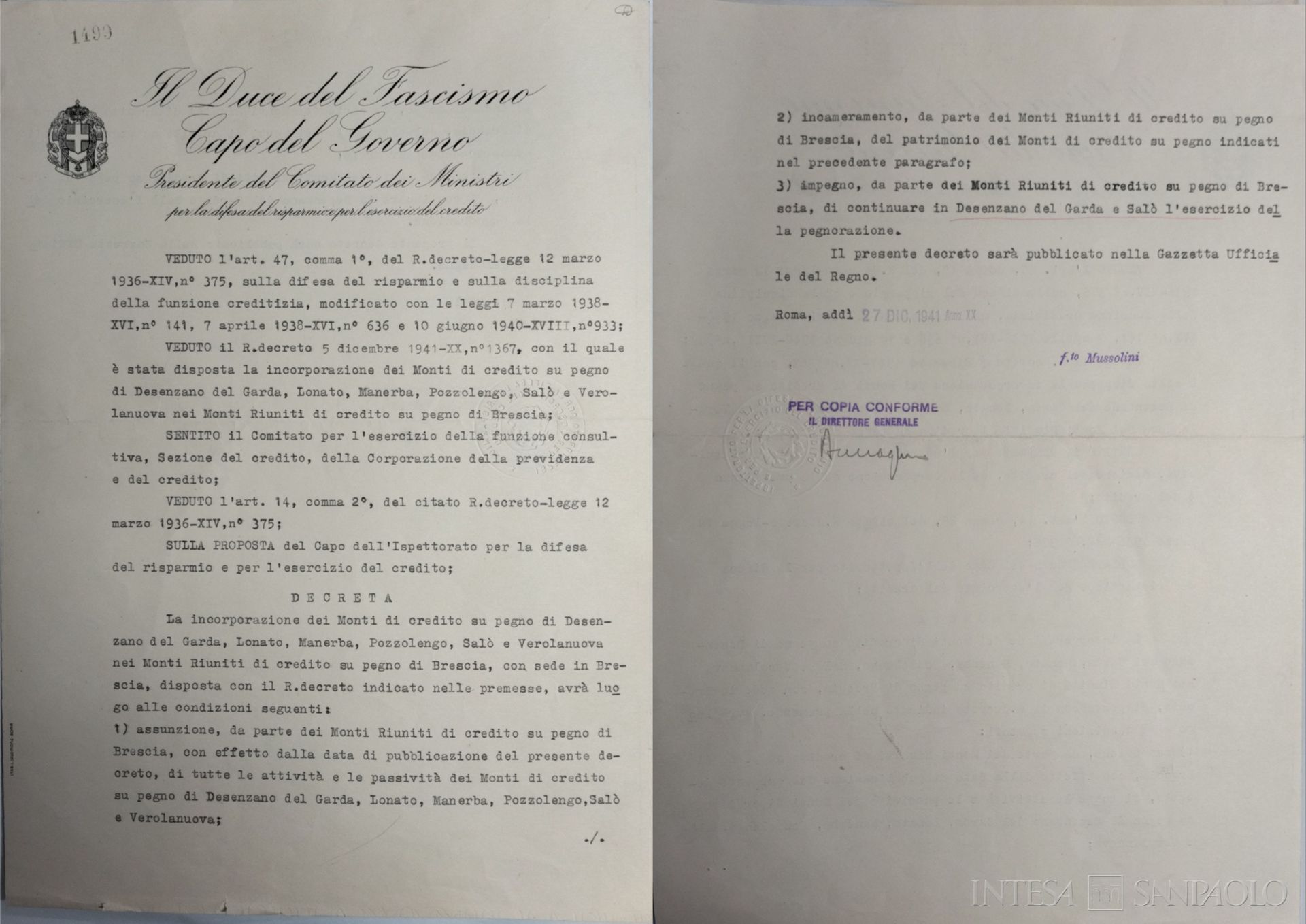 Monti Riuniti di Credito su Pegno di Brescia, decreto del Duce a favore del nuovo statuto, 28 aprile 1942