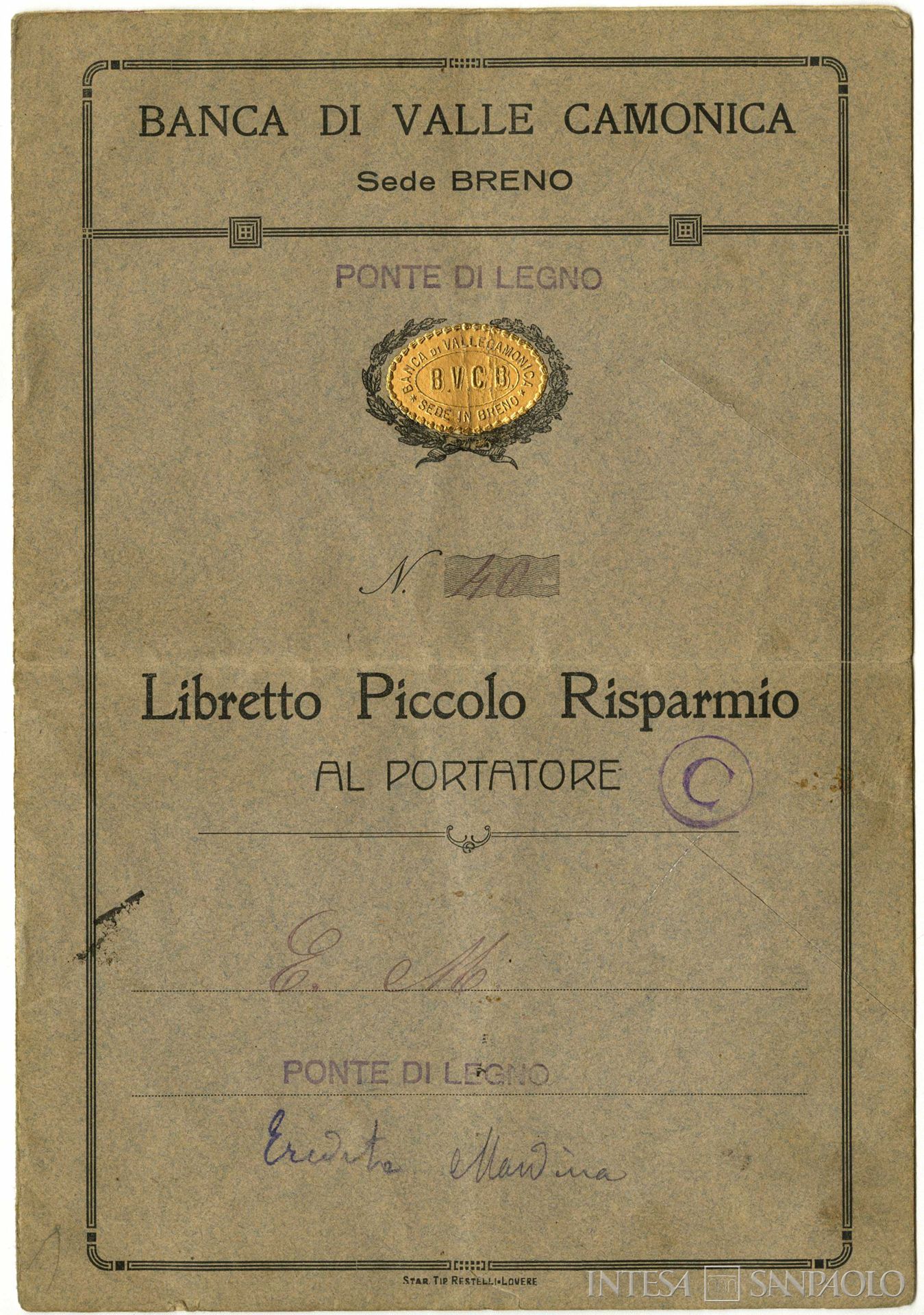 Banca di Valle Camonica, libretto di piccolo risparmio al portatore, 1922