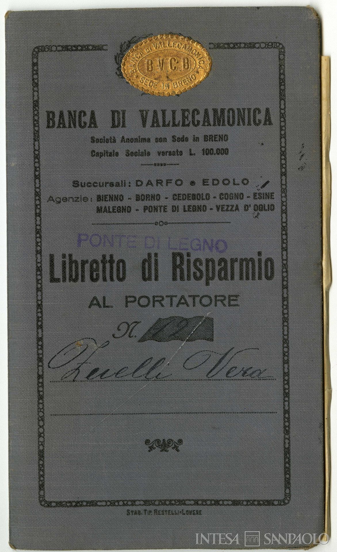 Banca di Valle Camonica, libretto di risparmio al portatore, 1926