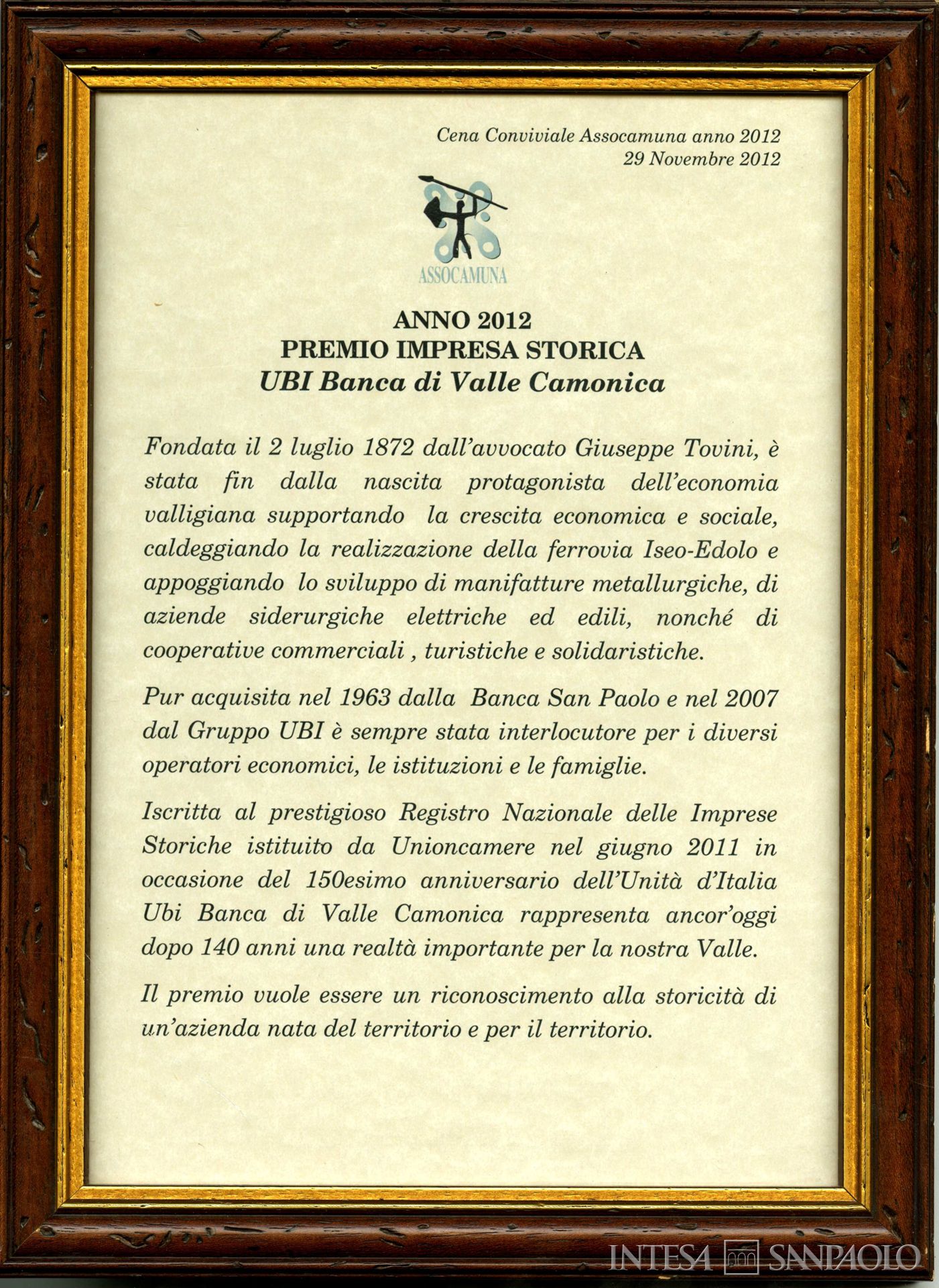 Banca di Valle Camonica, targa premio del novembre 2012