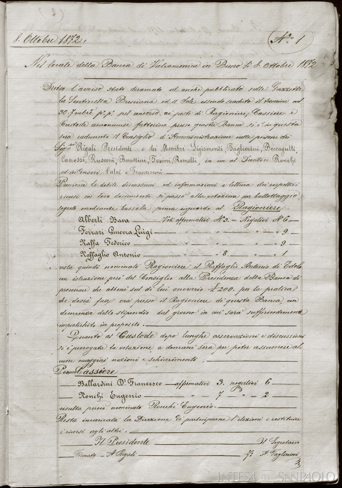 Banca di Valle Camonica, prima seduta del Consiglio di Amministrazione, 8 ottobre 1872
