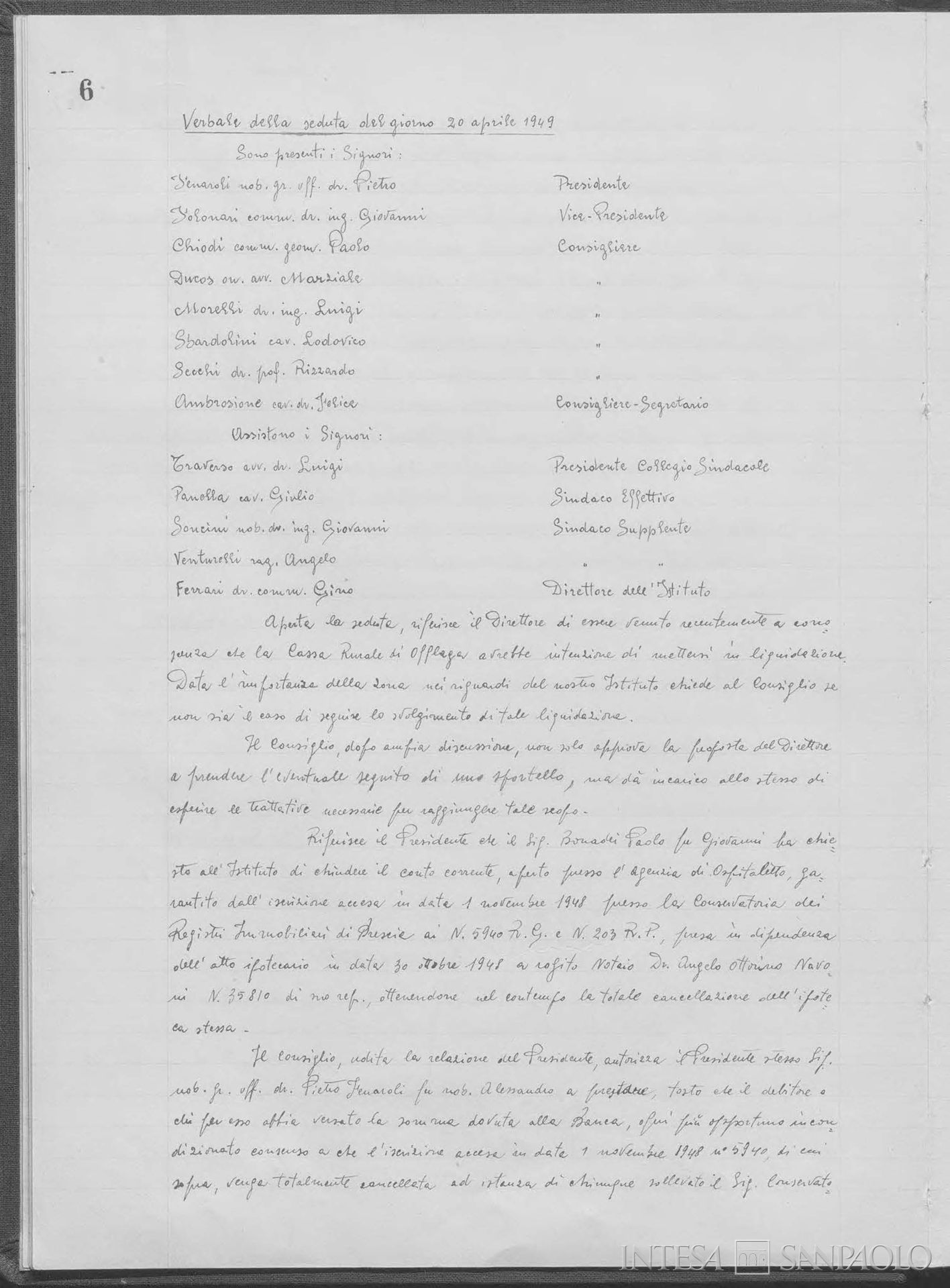 Cassa Rurale ed Artigiana di Offlaga, delibera del CdA a favoredell'assorbimento nel Credito Agrario Bresciano, 20 dicembre 1949