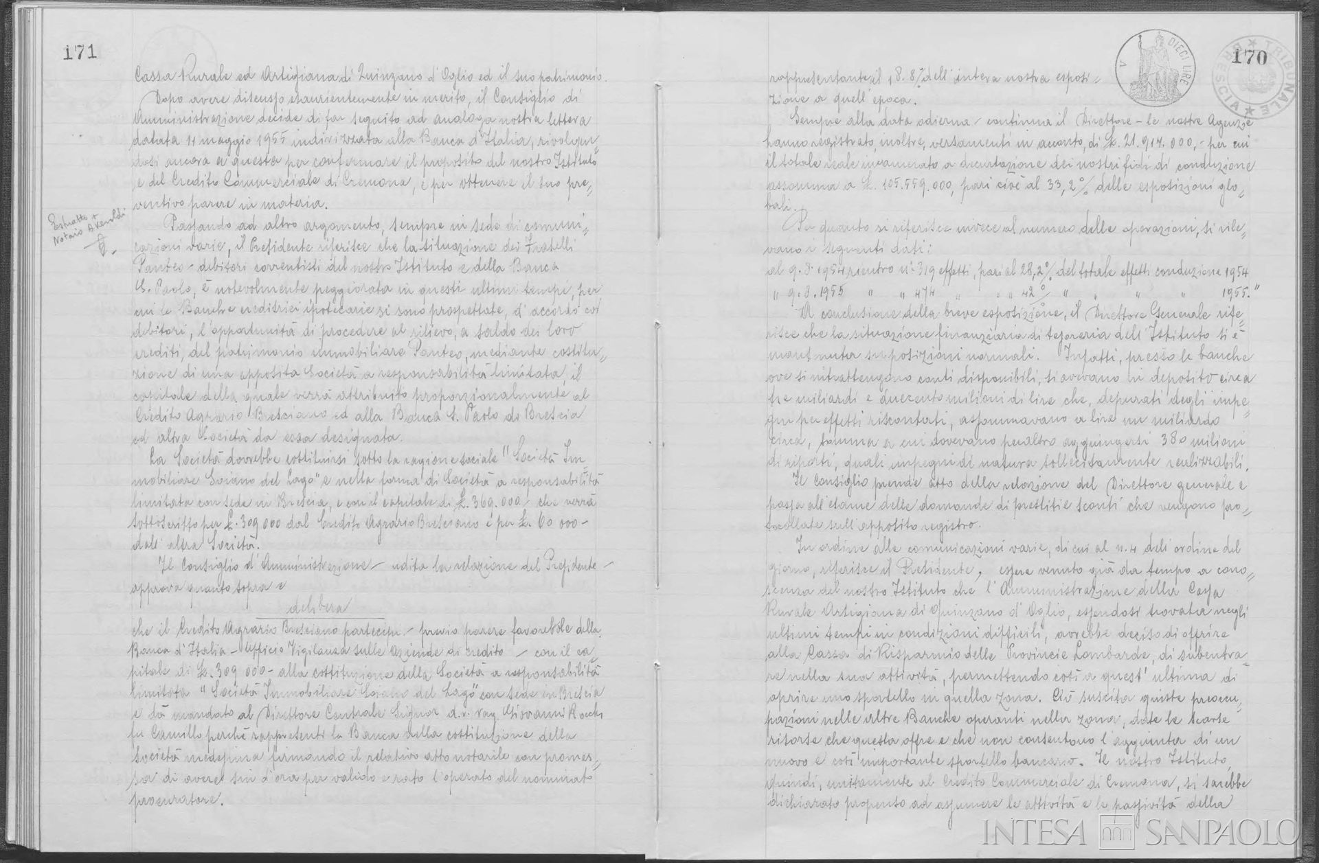 Cassa Rurale e Artigiana Quinzano d'Oglio, delibera del CdA sull'assorbimento nel Credito Agrario Bresciano, 10 agosto 1955