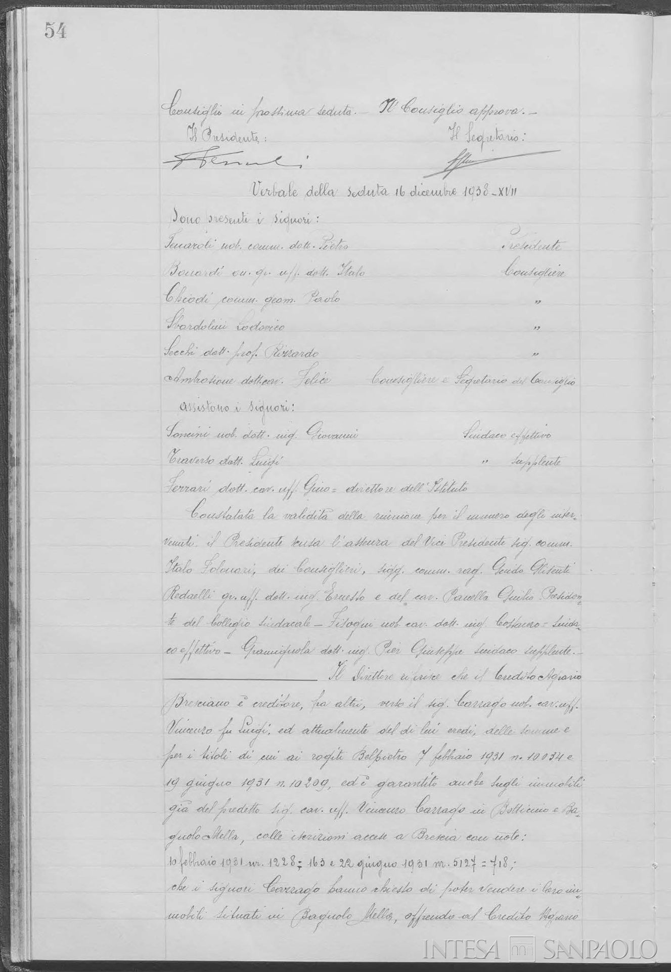 Cassa Rurale di San Felice del Benaco, delibera del CdA a favore dell'assorbimento nel Credito Agrario Bresciano, 28 dicembre 1938