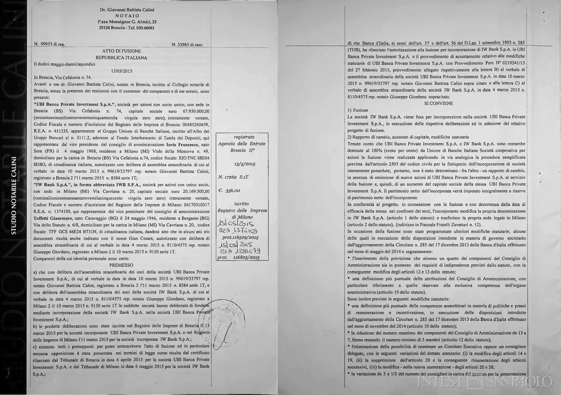 UBI Banca Private Investiment, atto di fusione per incorporazione di IW Bank SpA in UBI, 12 maggio 2015