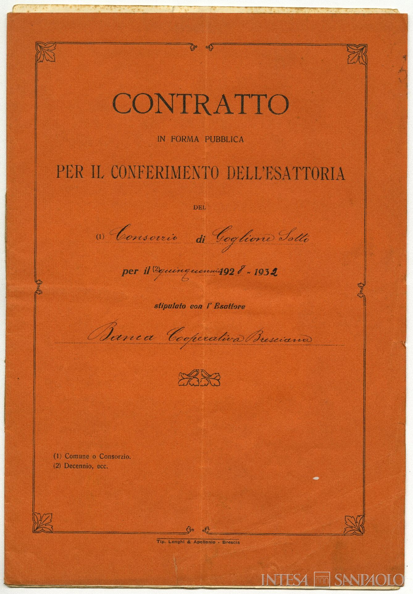 Banca Cooperativa Bresciana, contratto per il conferimento dell'esattoria del Consorzio Goglione per il quinquennio 1928-1932 [1928]