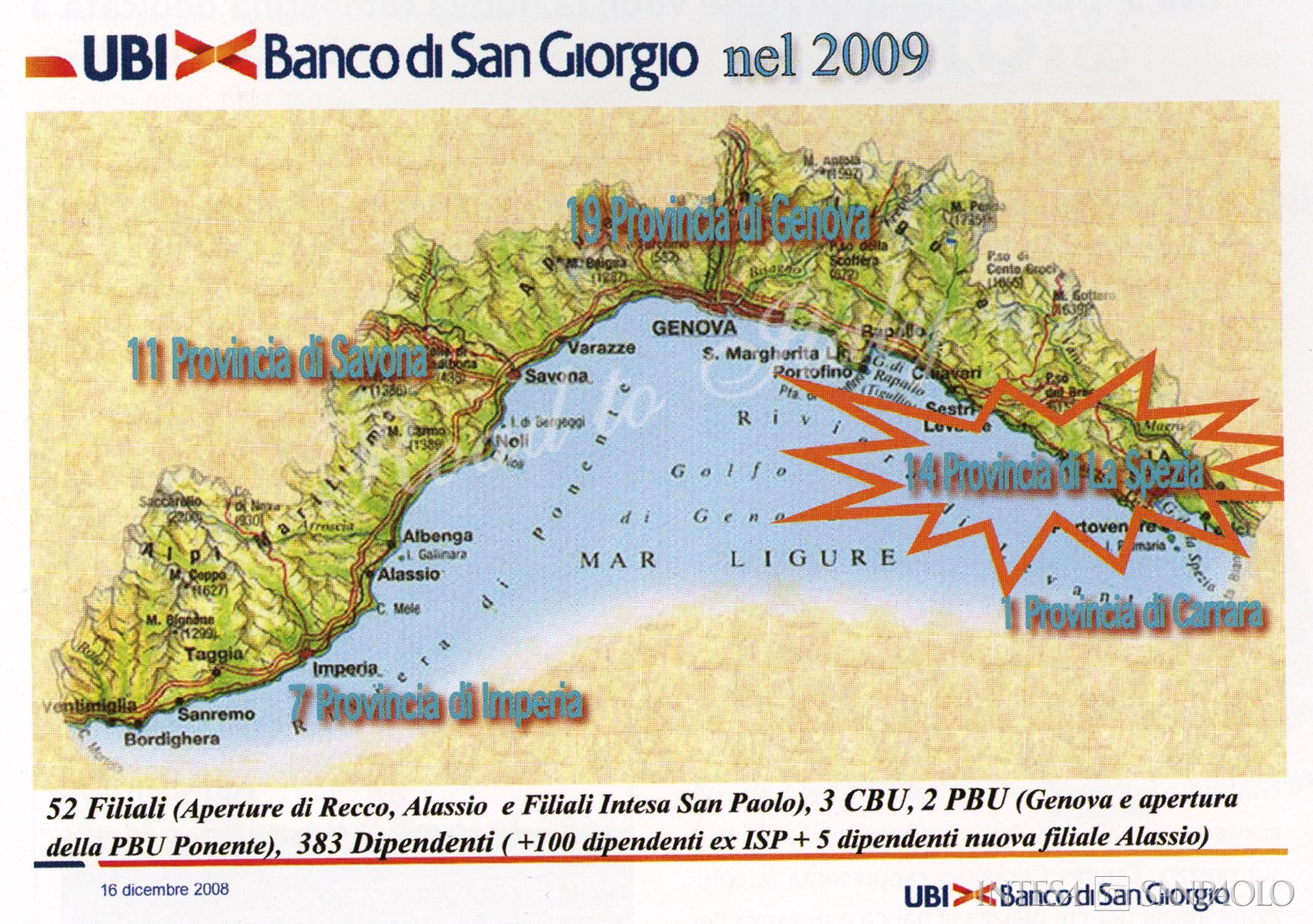 Banco di San Giorgio, rete delle filiali, tratta da YoUBI n. 1, gennaio-febbraio 2009, p. 33