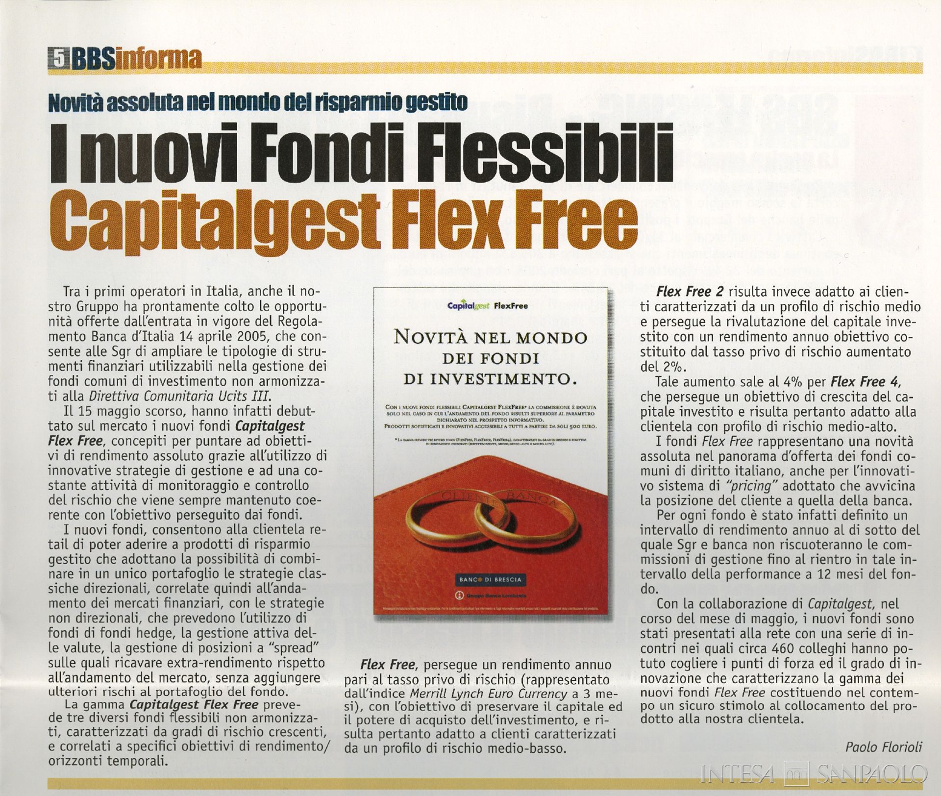Banco di Brescia San Paolo CAB, pubblicità Capitalgest Flexfree, tratta da BBSinforma n. 2, luglio 2006, p. 5