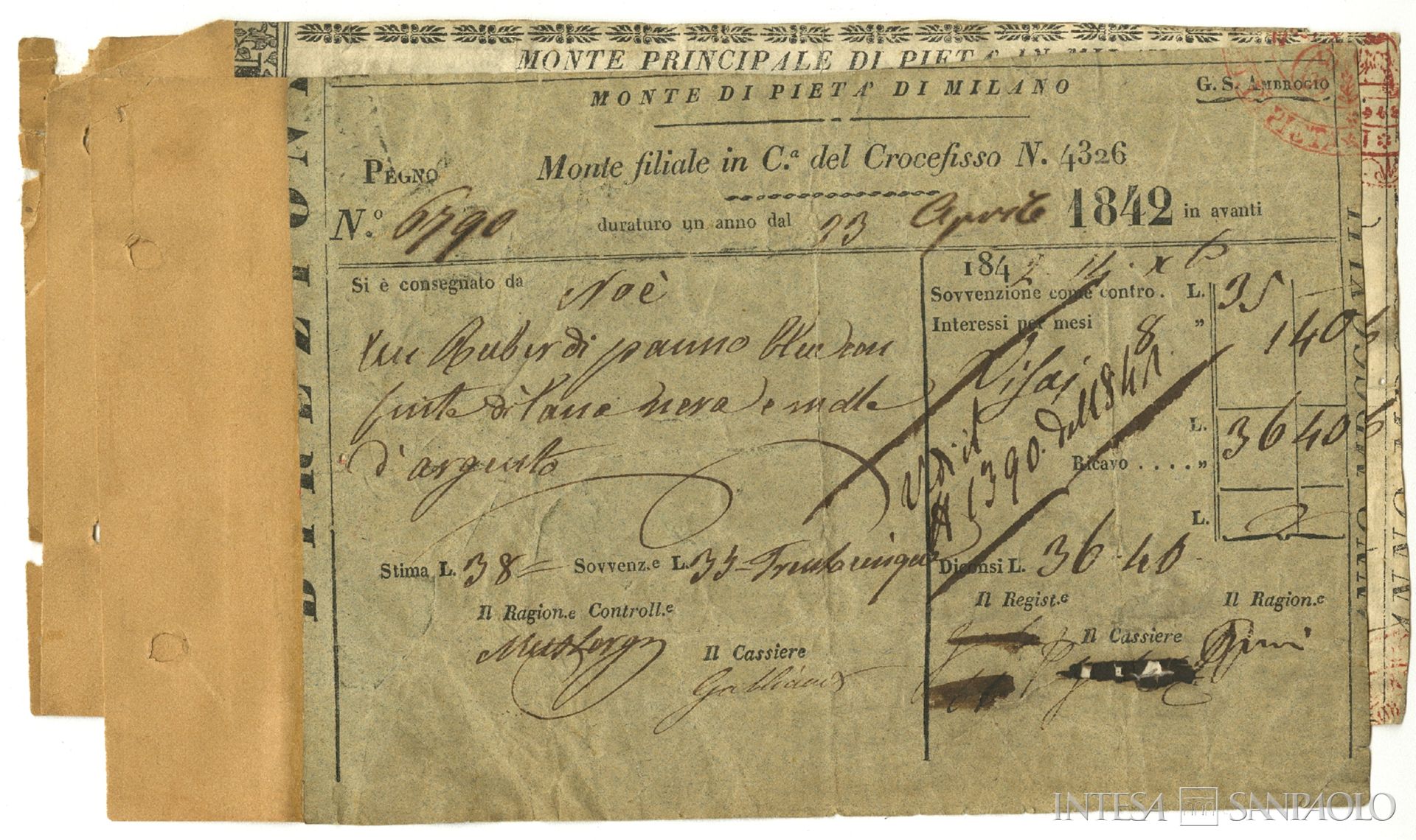 Monte di Pietà di Milano, polizza di pegno, 1842
