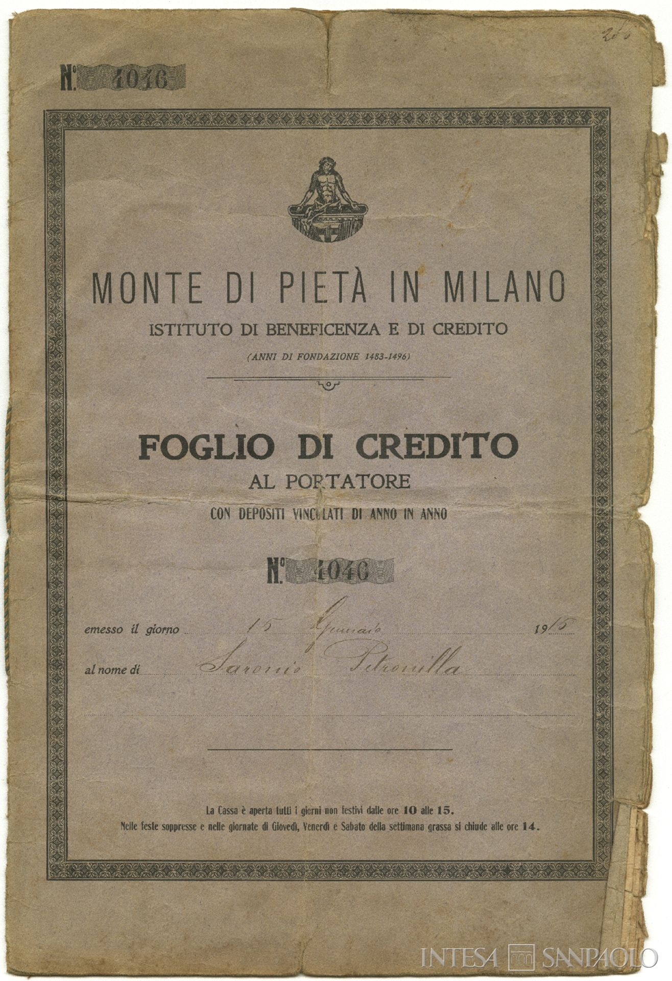 Monte di Pietà di Milano, foglio di credito al portatore,1915